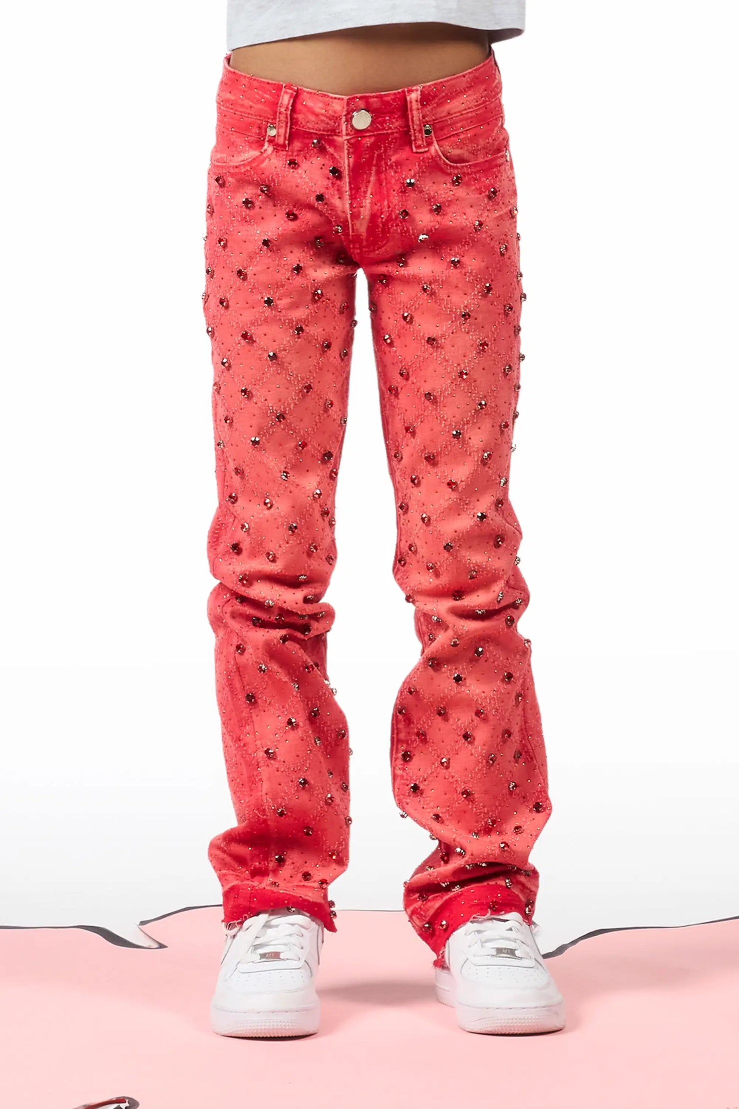 Girls Glit Red Rhinestone Stacked Flare Jean