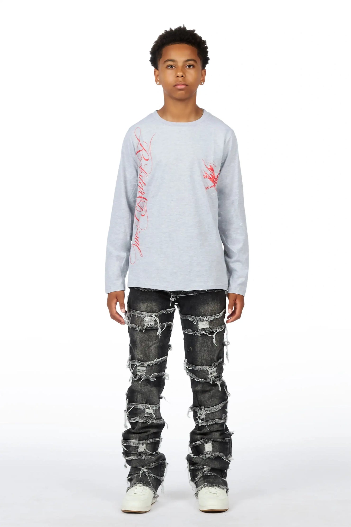 Boys Cobain Grey/Black T-Shirt Stacked Jean Set