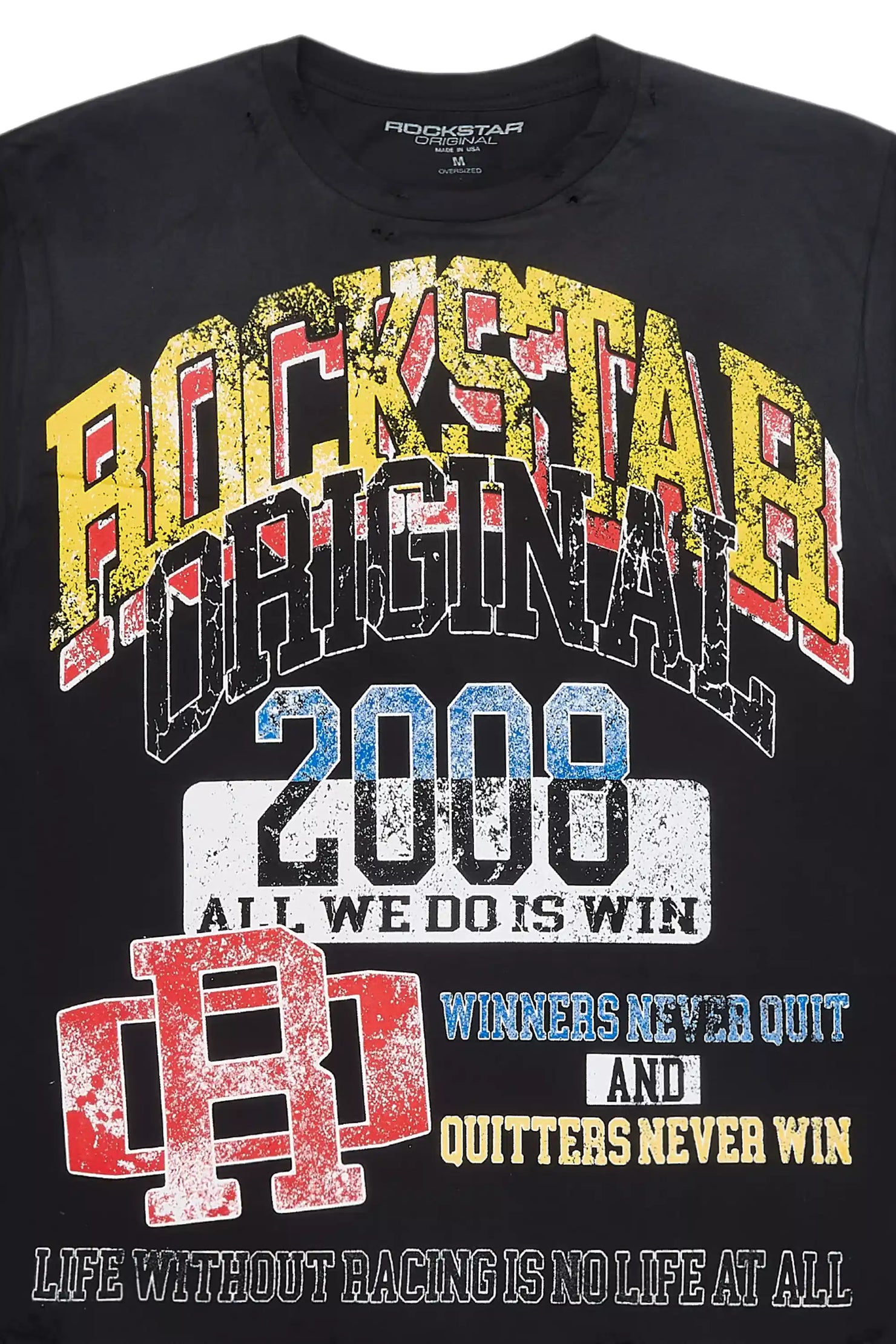 Colorful Race Black Oversized Distressed Graphic T-Shirt