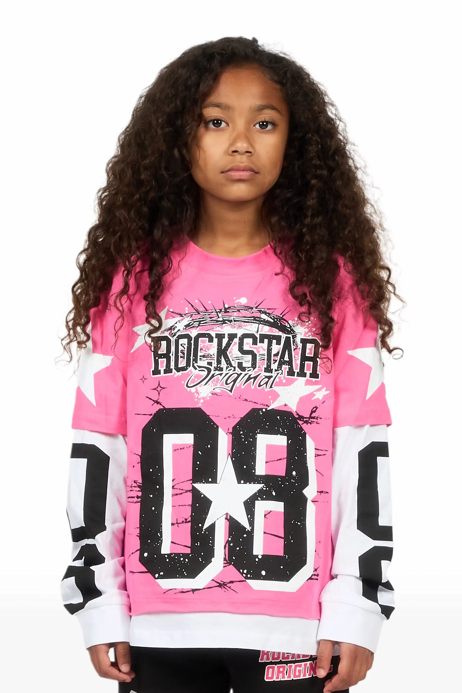 Girls Allstar Pink/Black Double Layer L/S Graphic T-Shirt