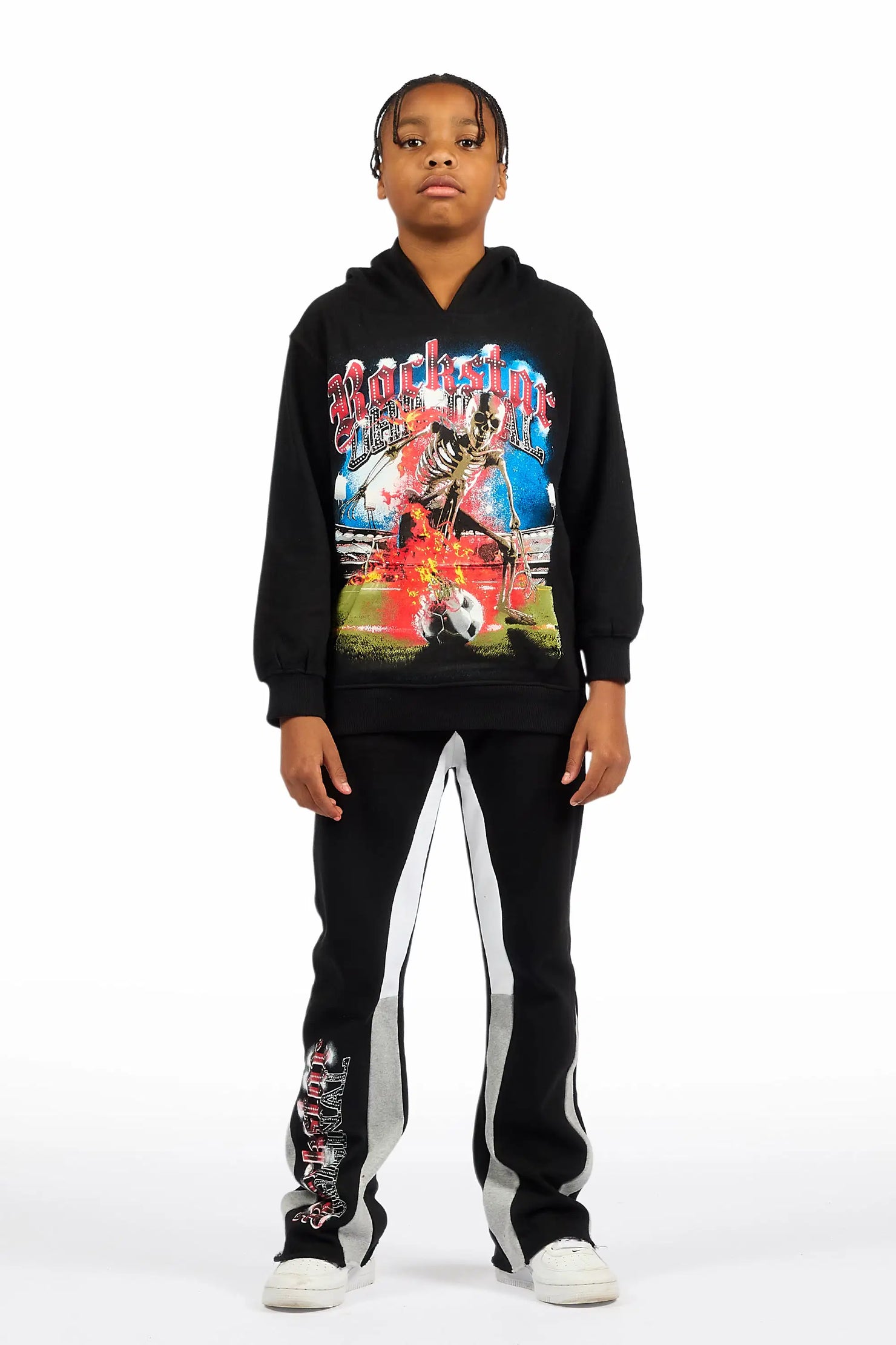 Boys Rodgers Black Hoodie Stacked Flare Track Set