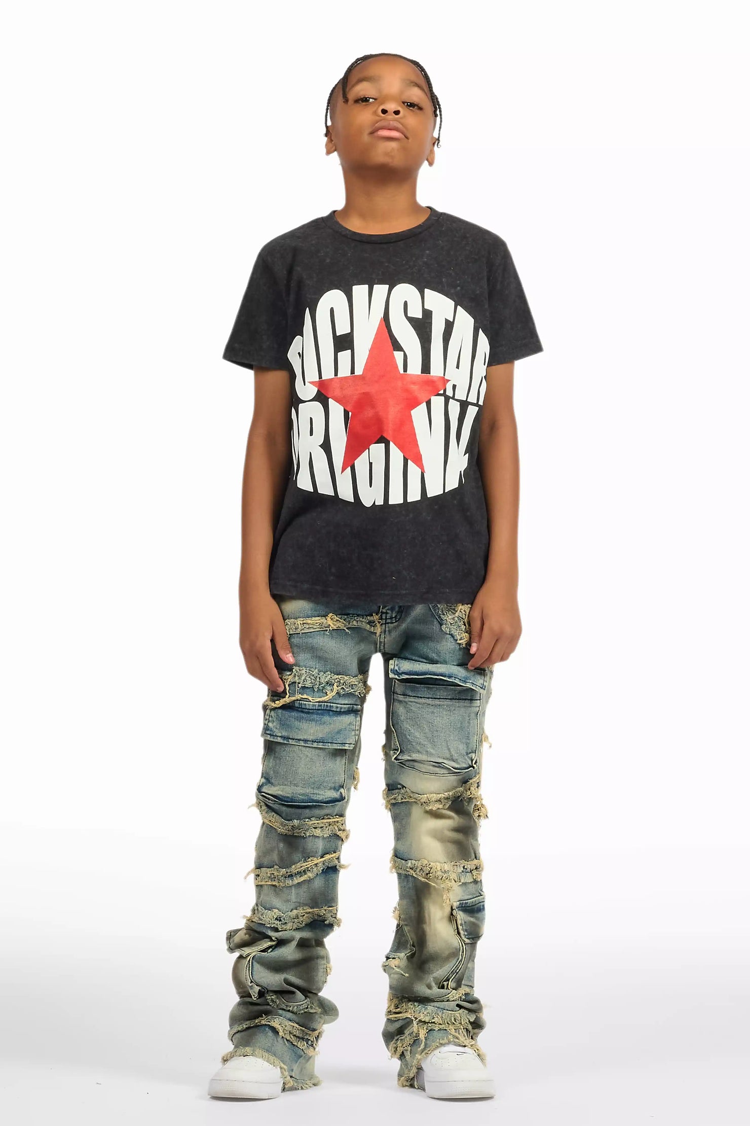 Boys Yves Blue Ripped Stacked Flare Cargo Jeans