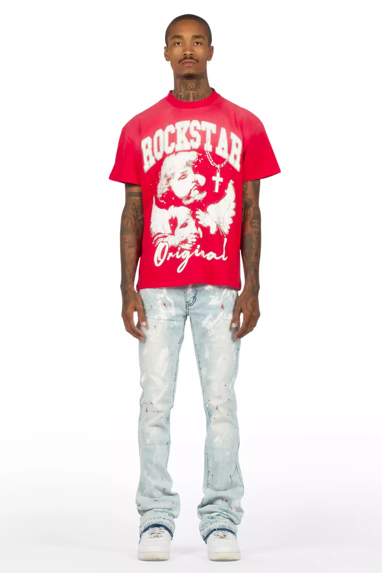 Deiter Red Oversized T-Shirt/Stacked Flare Jean Set