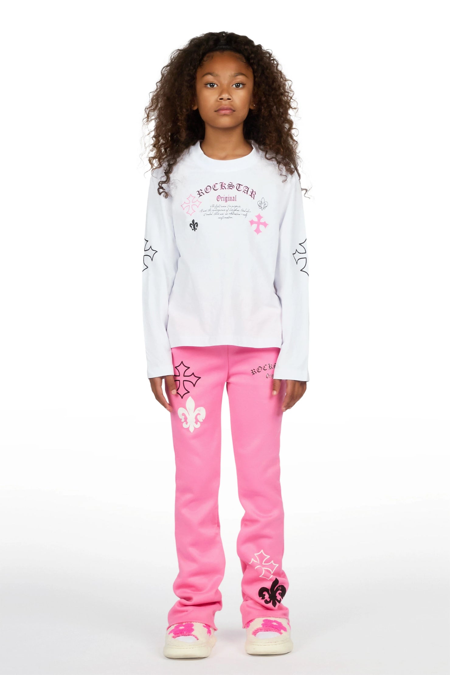 Girls Deshunique White/Pink Long Sleeve T-Shirt Track Set