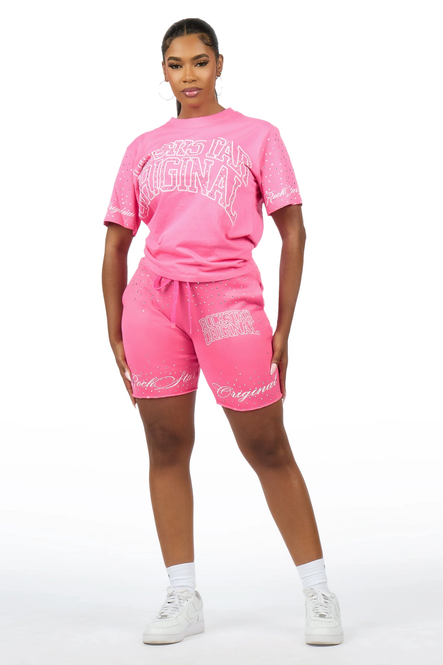 Lakisha Pink Rhinestone T-Shirt Short Set