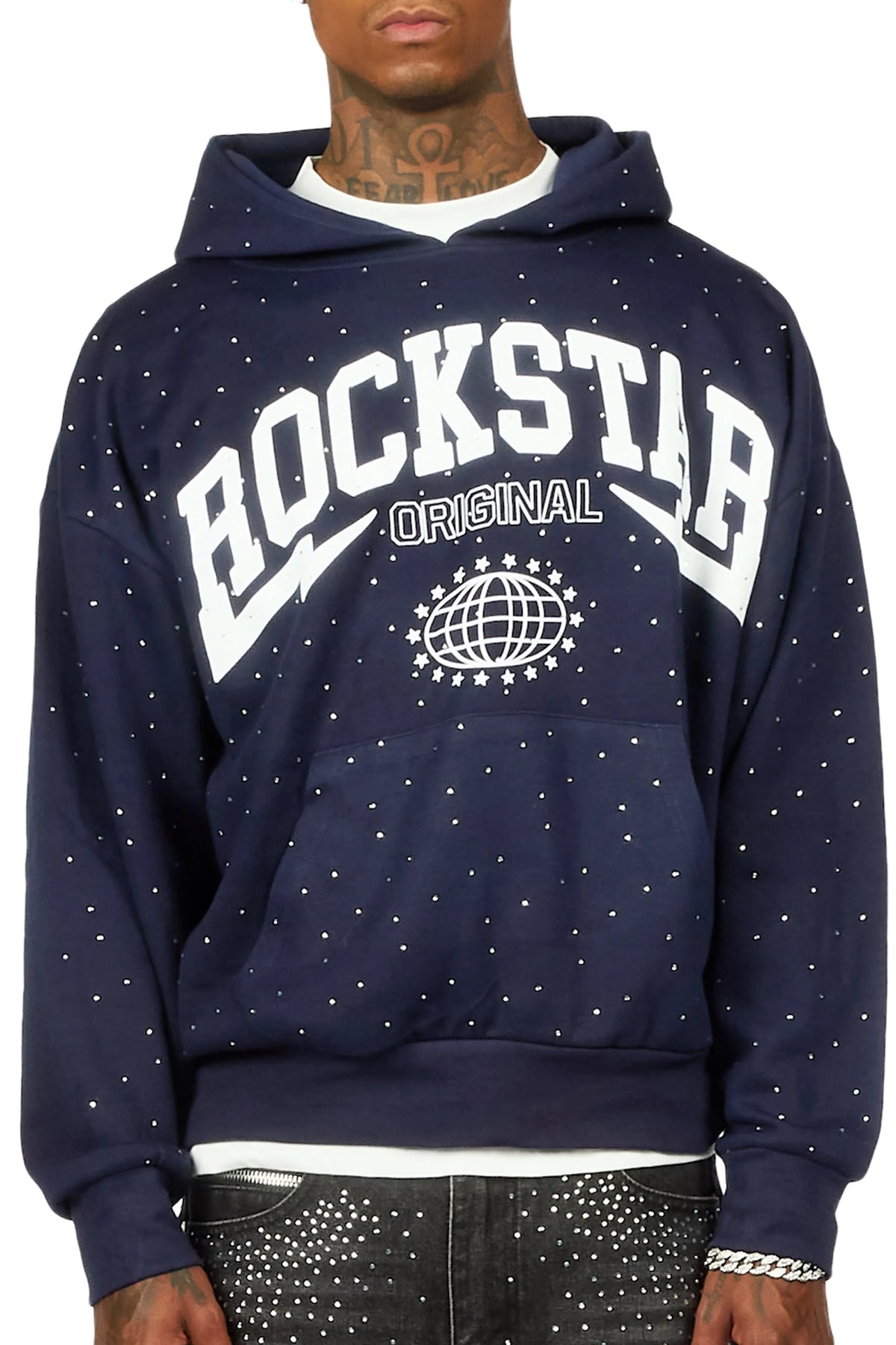 Stori Navy Rhinestone Graphic Hoodie