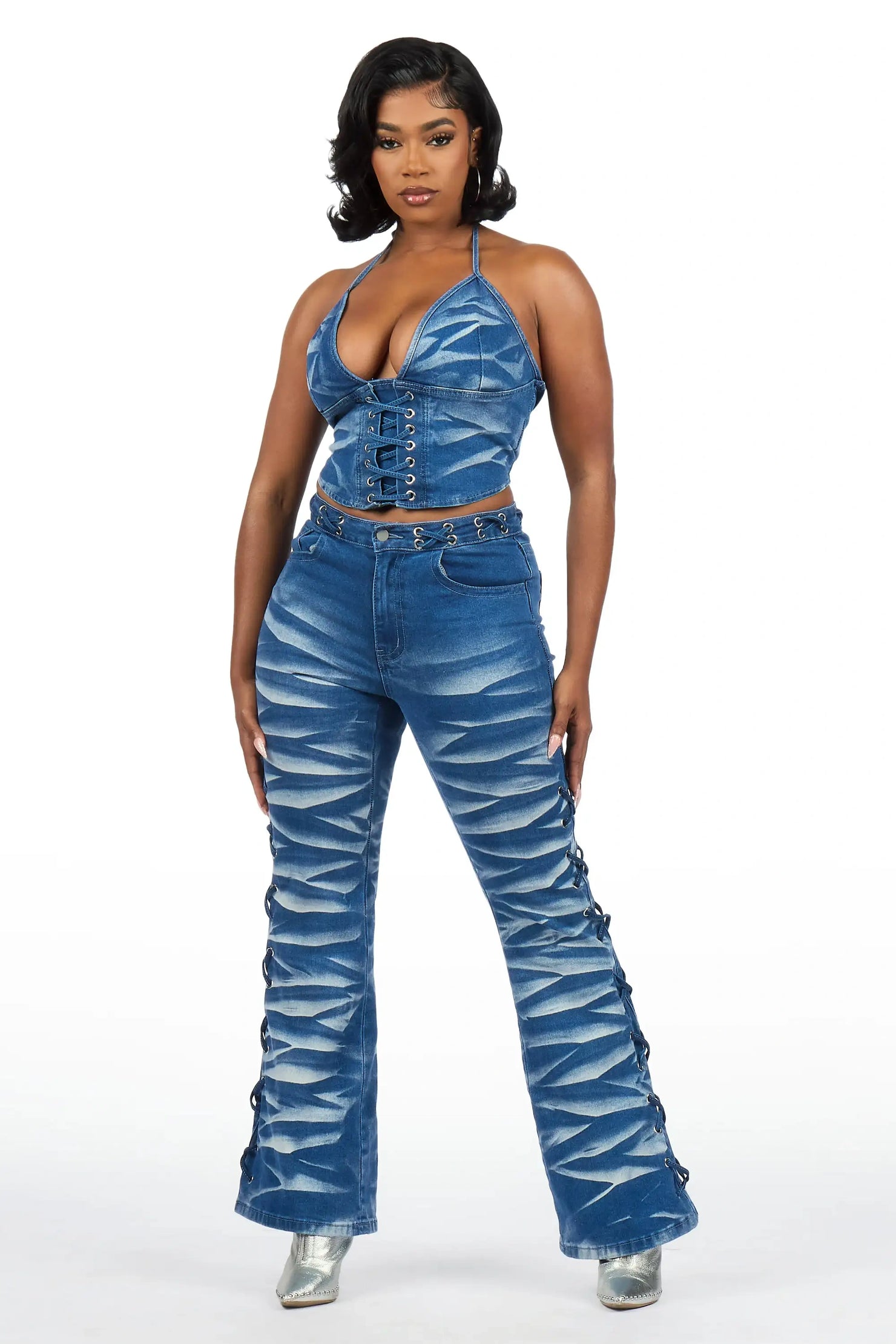 Suleah Blue Lace Up Denim Set