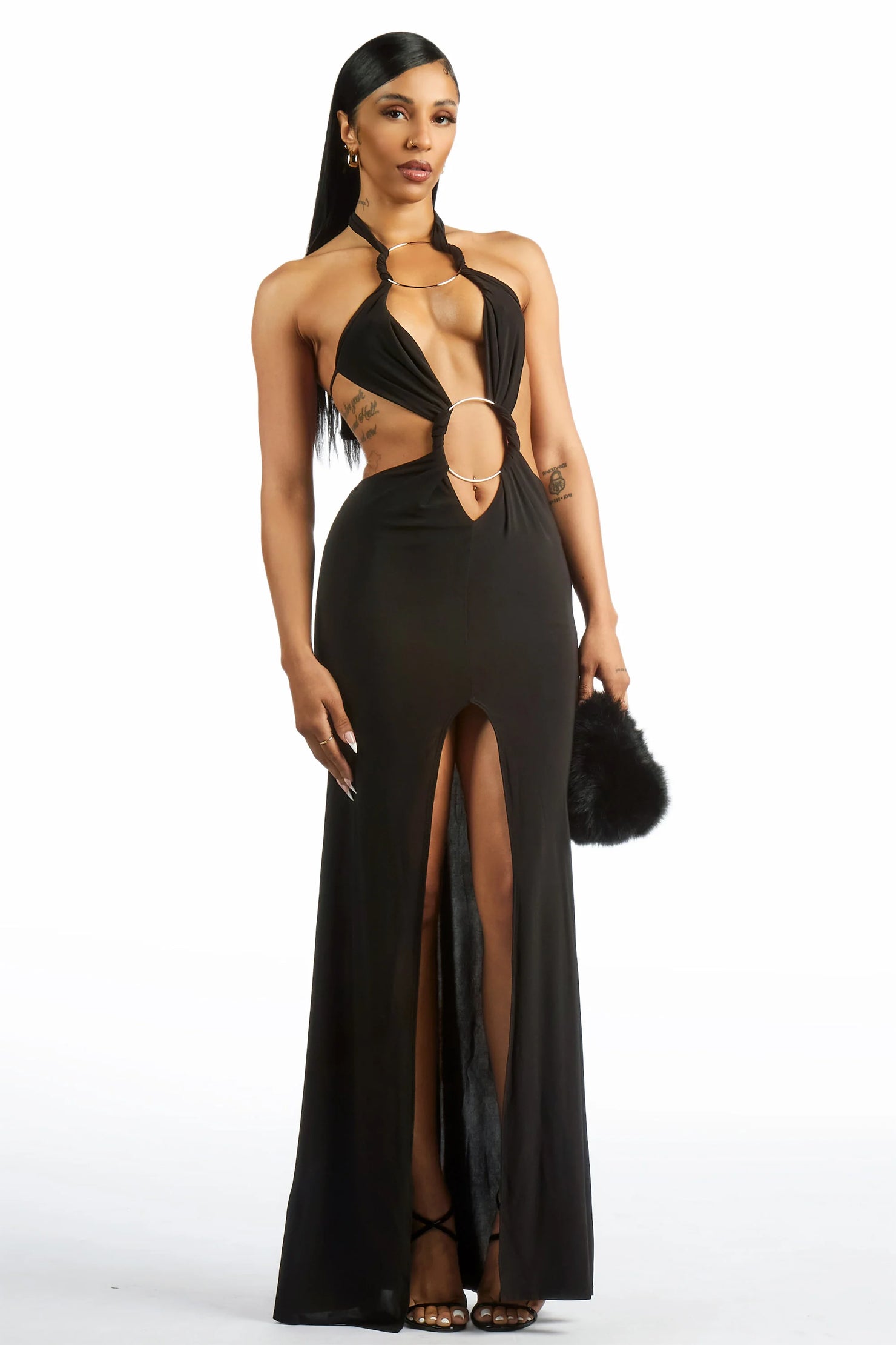 Two-Ring Black Maxi Cut-Out Dress