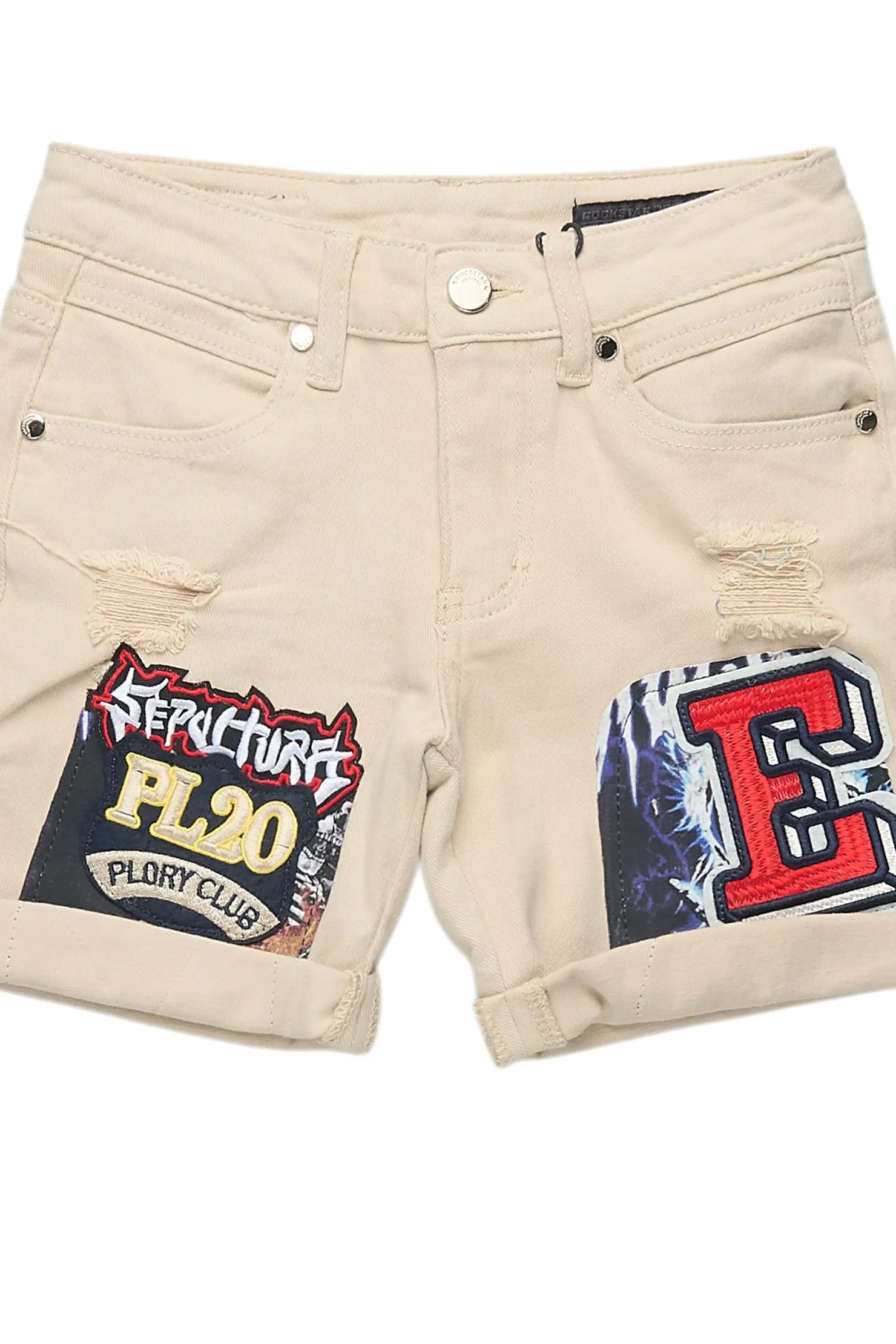 Girls Eppy Beige Patchwork Denim Short