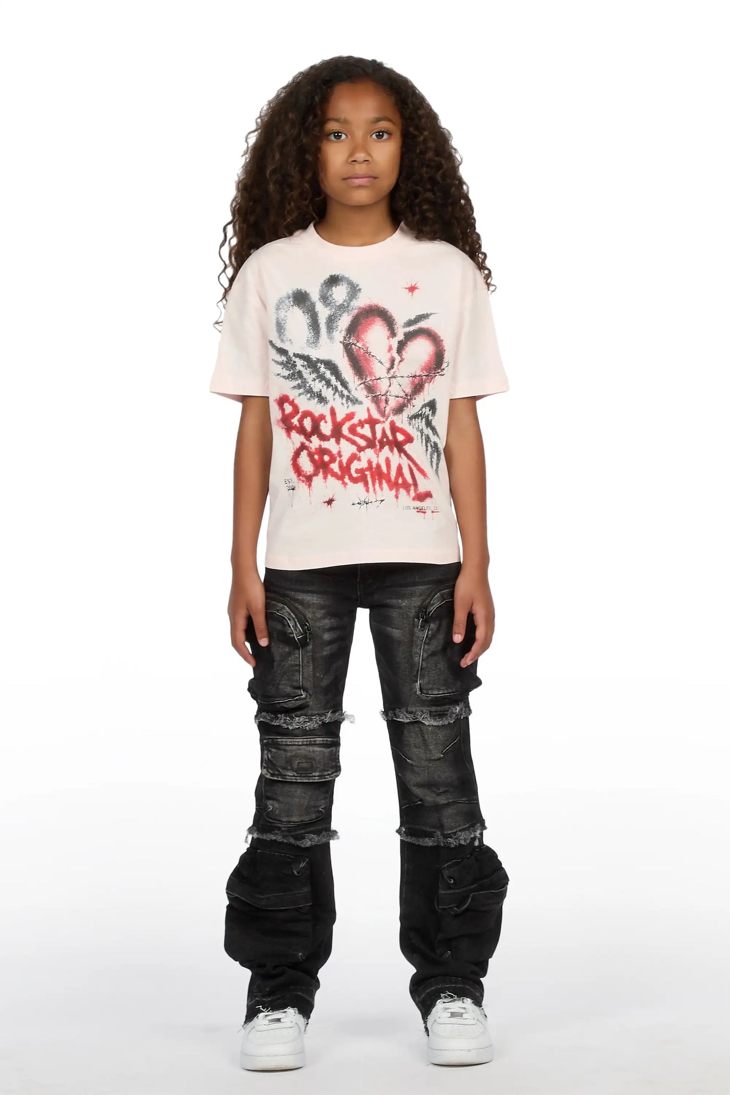 Girls Effigia Light Pink/Dark Grey T-Shirt Stacked Jean Set