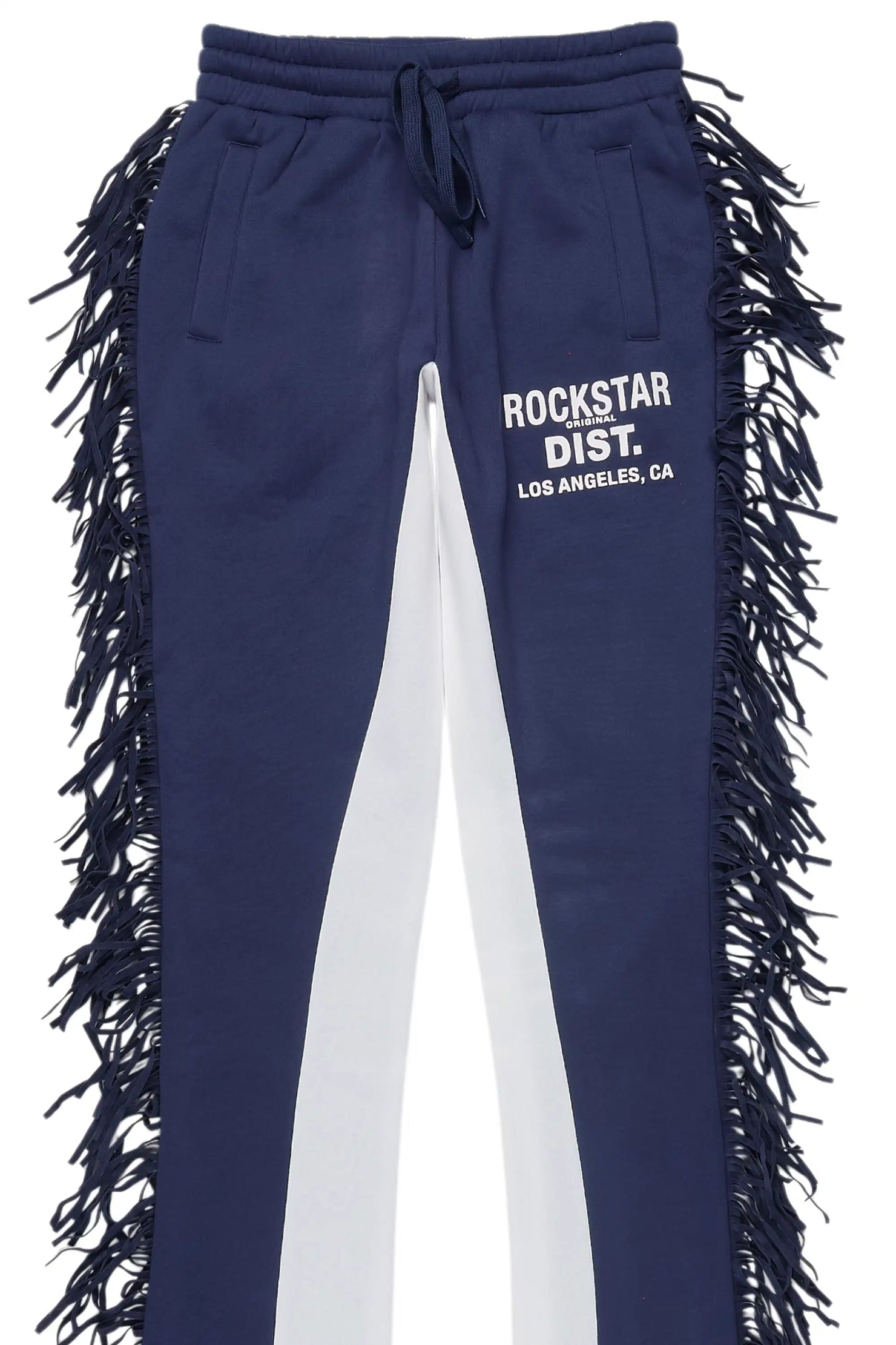 Kendra Navy Fringe Stacked Flare Track Pant