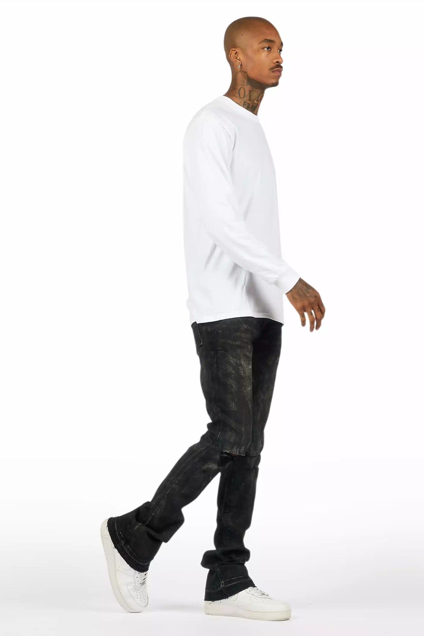 Inkspill Grey Oil Wash Stacked Flare Jean