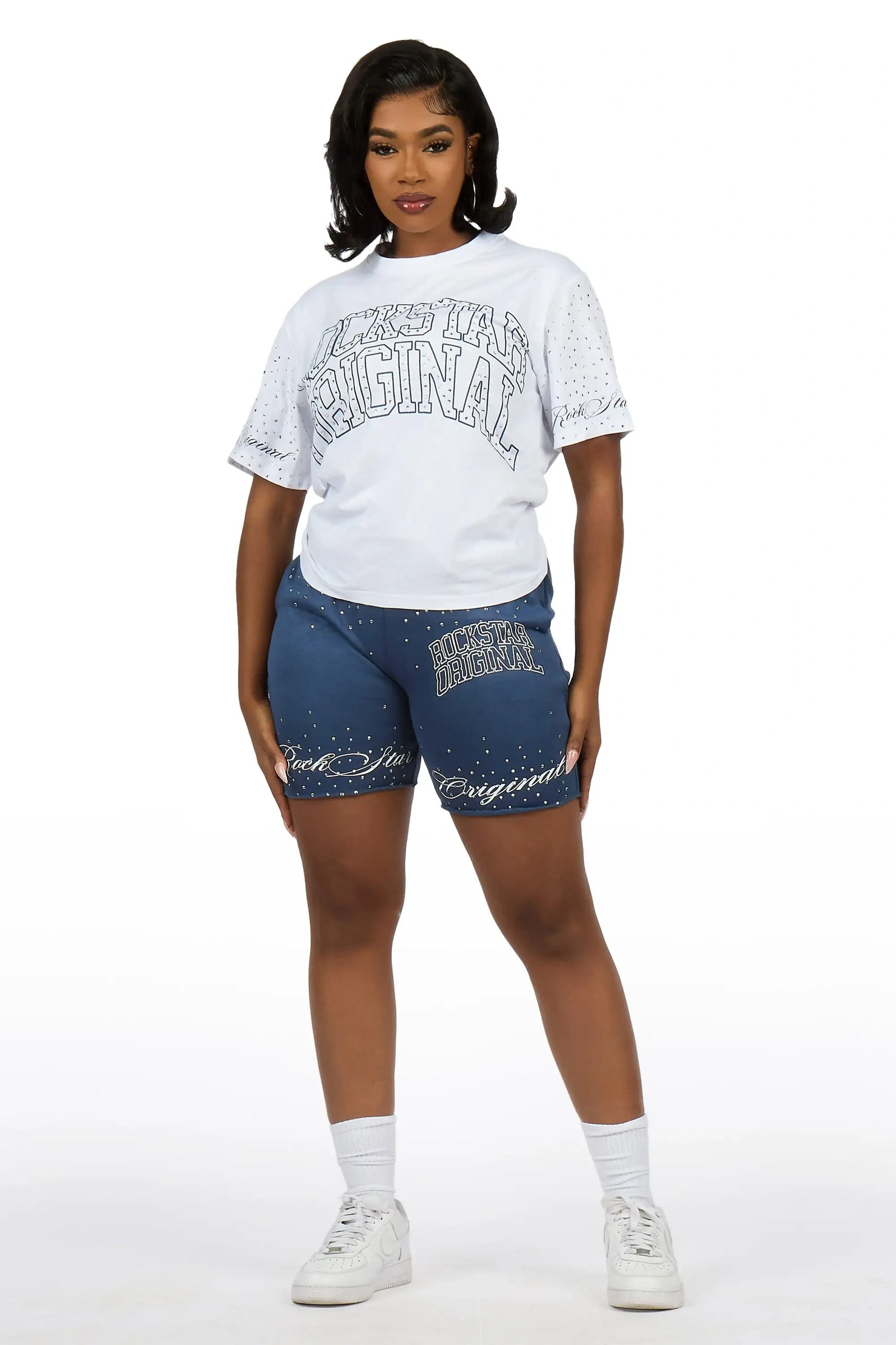 Lakisha Navy Rhinestone T-Shirt Short Set