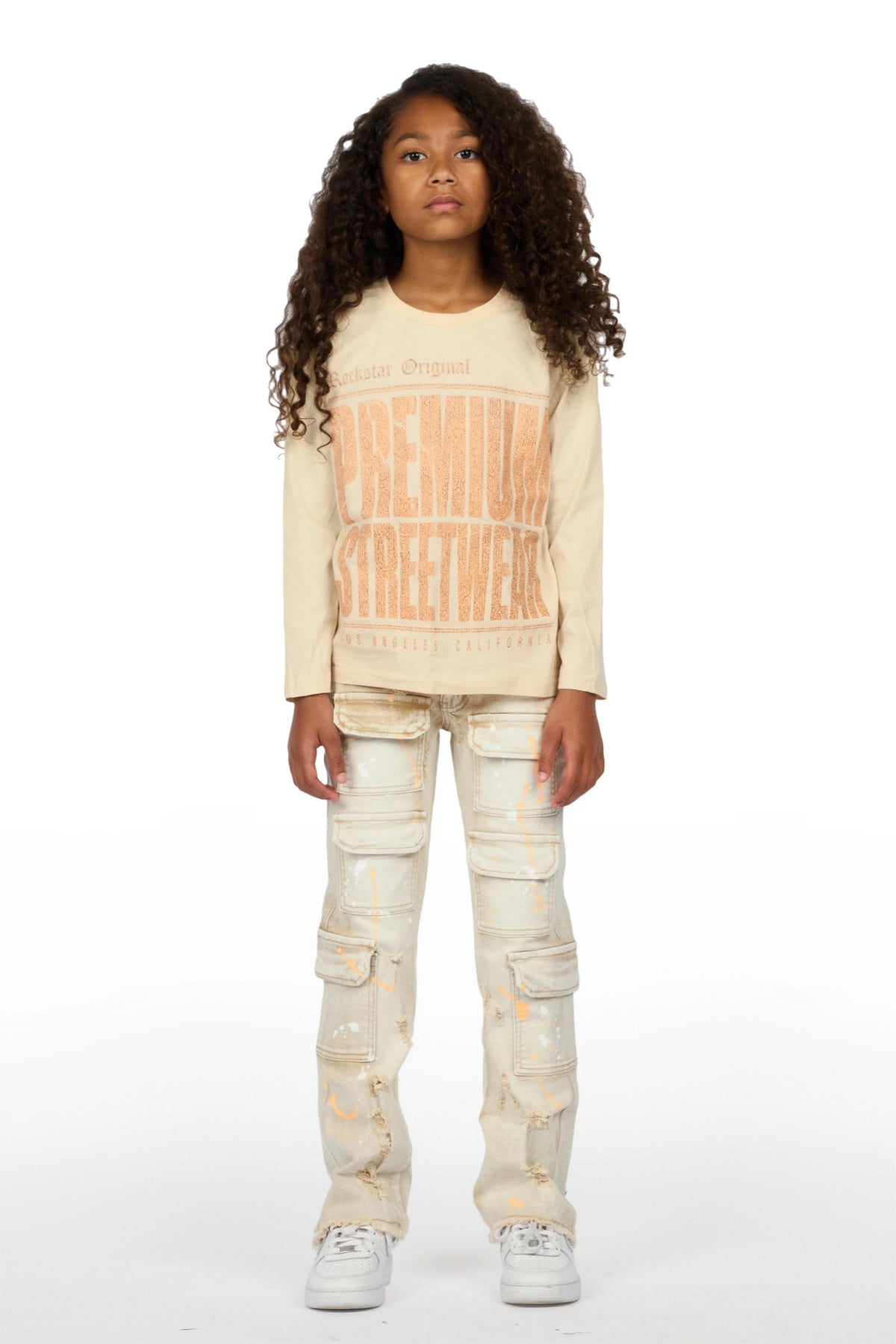 Girls Pluty Beige Long Sleeve T-Shirt Stacked Painter Jean Set