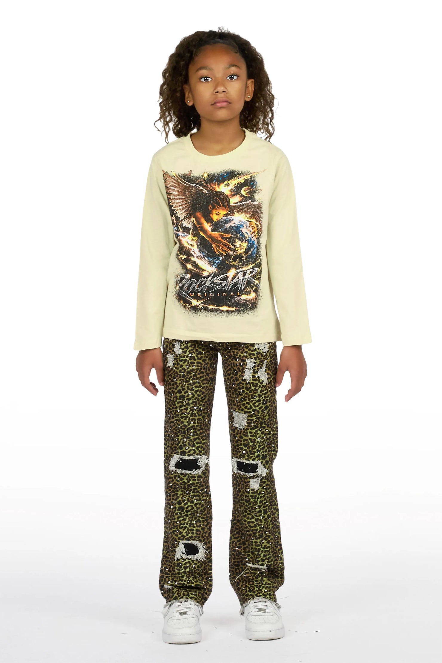 Girls Kearnly Sand/Cheetah Long Sleeve T-Shirt Rhinestone Jean Set