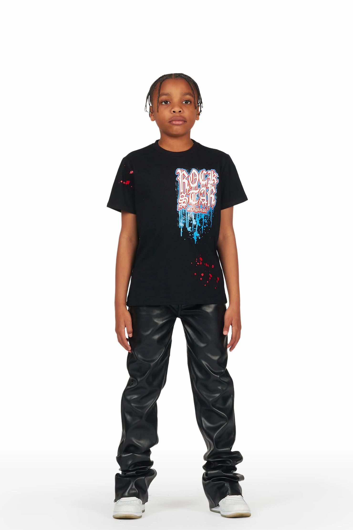 Boys Hades Black T-Shirt/Super Stacked Flare PU Jean Set