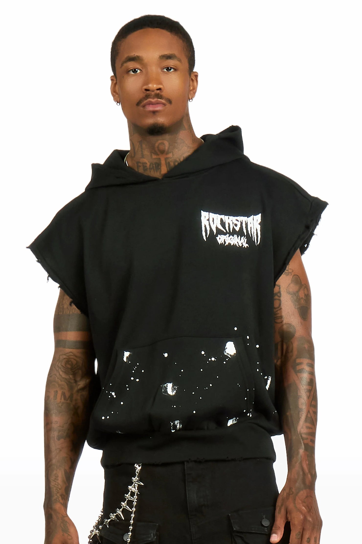 Twinkle Black Painted Cut Sleeve Hoodie