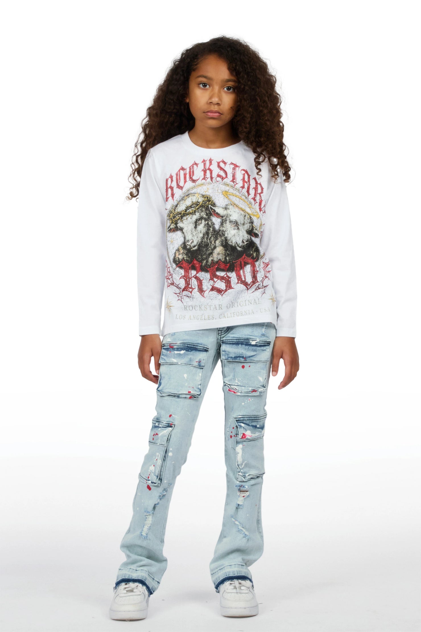 Girls Dezz White/Light Wash Long Sleeve T-Shirt Stacked Painter Jean Set