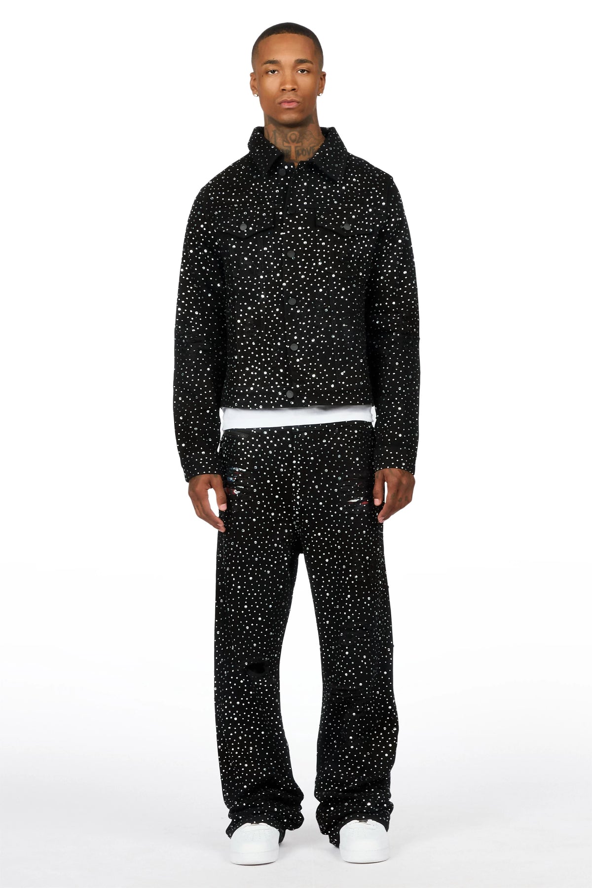 Discolite Black Rhinestone Denim Jacket/Baggy Jean Set