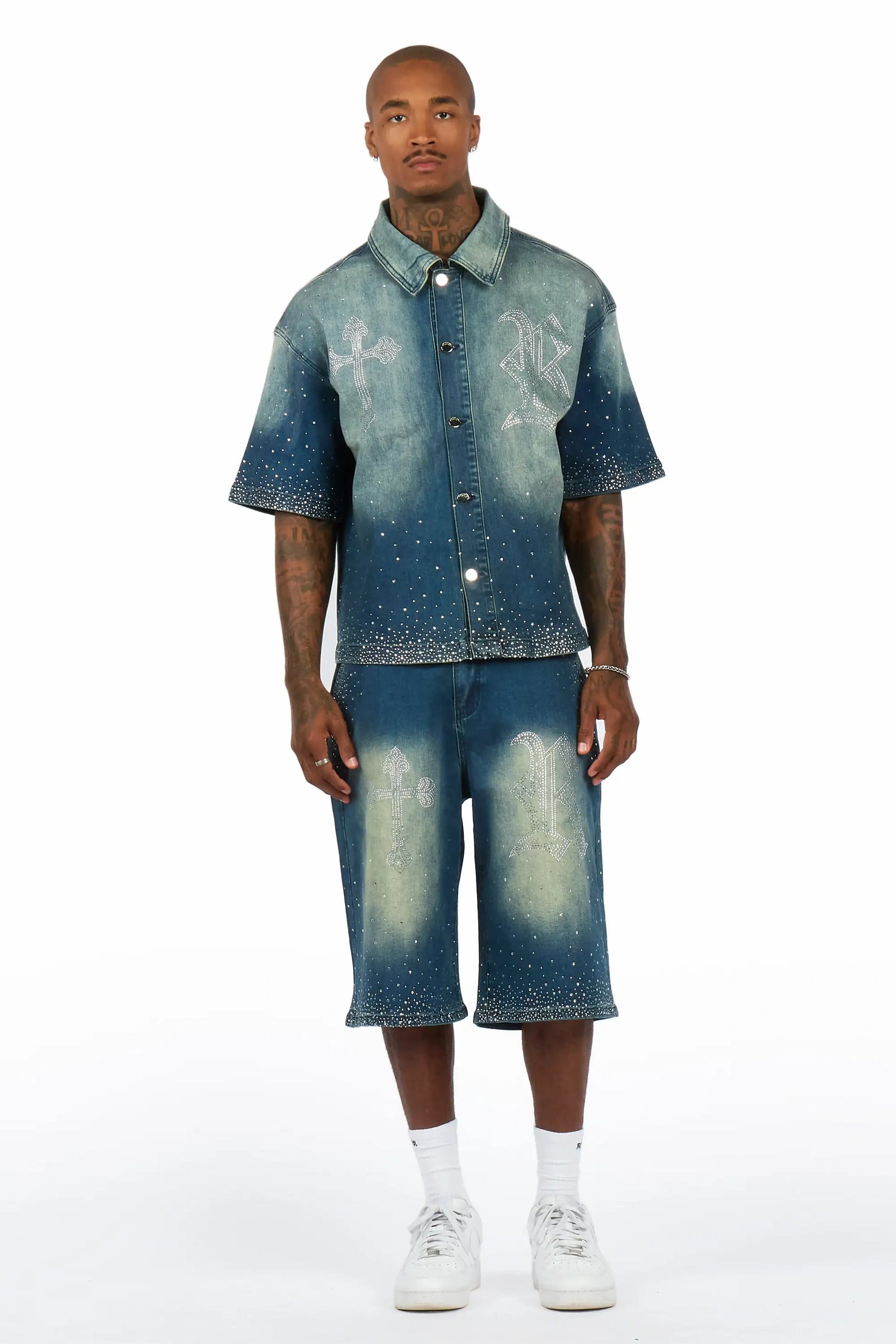 Clemente Medium Blue Rhinestone Button Down Shirt Denim Short Set