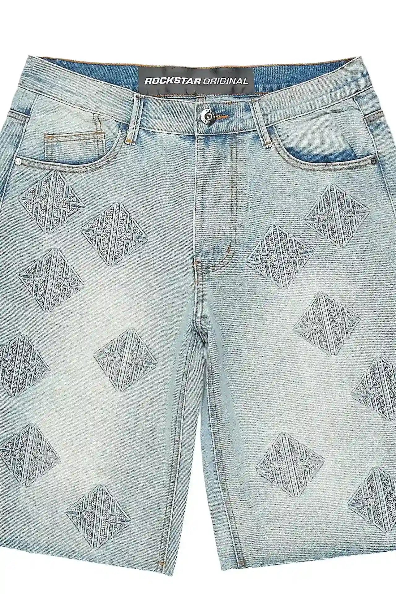 Demanuele Light Blue Rhinestones Denim Short