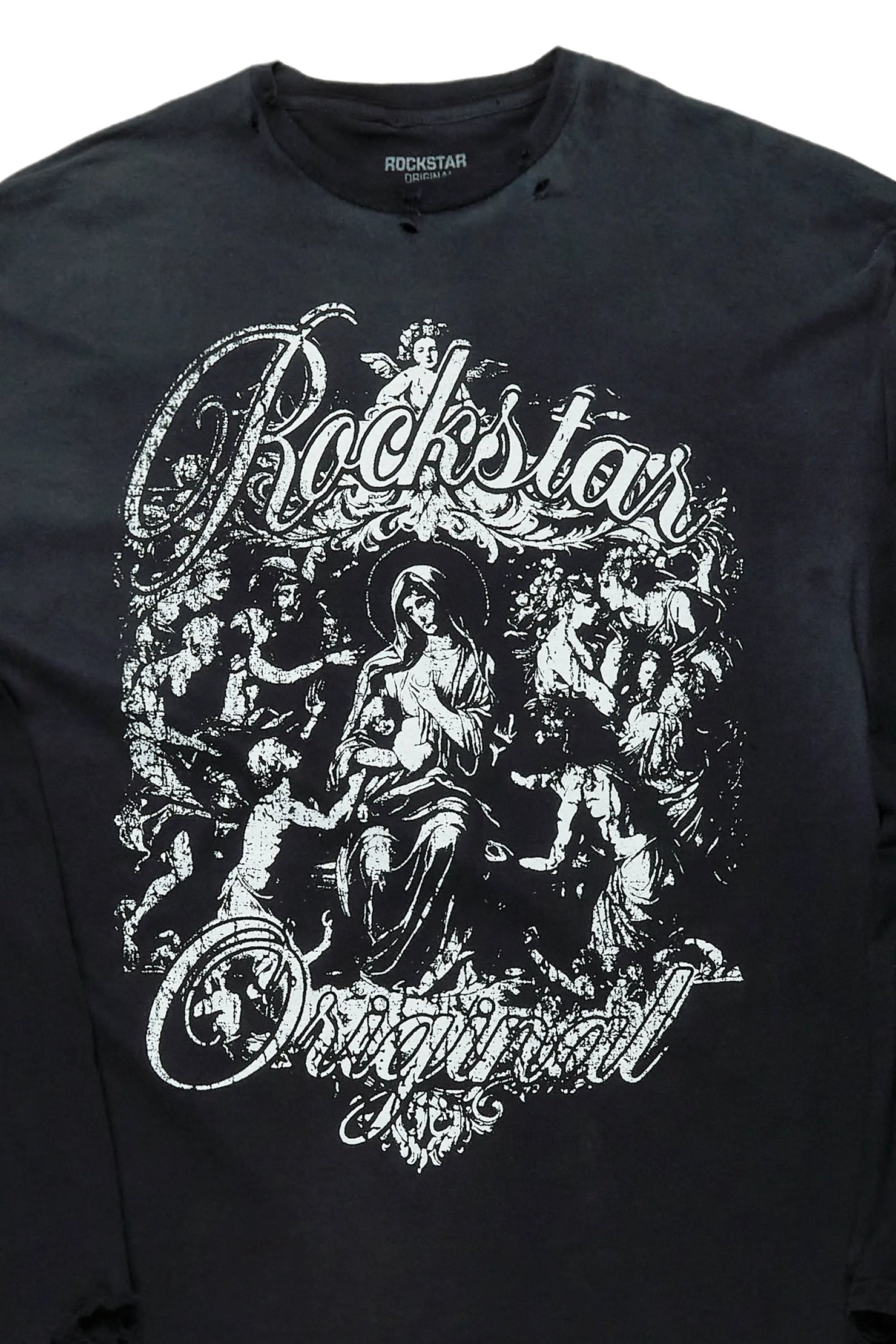 Vamp Black Long Sleeve Distressed Graphic T-Shirt