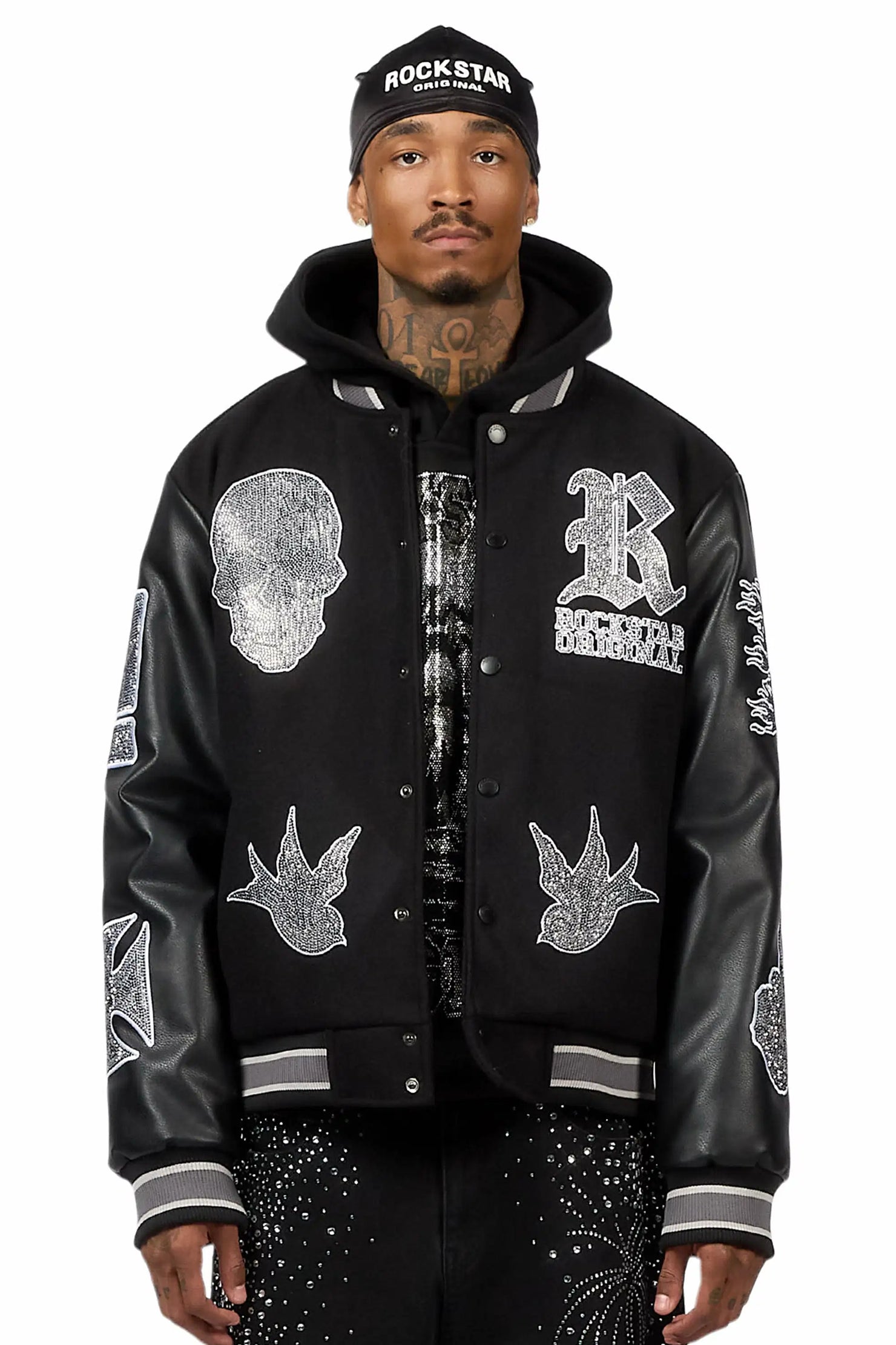 Vidar Black Rhinestone Varsity Jacket