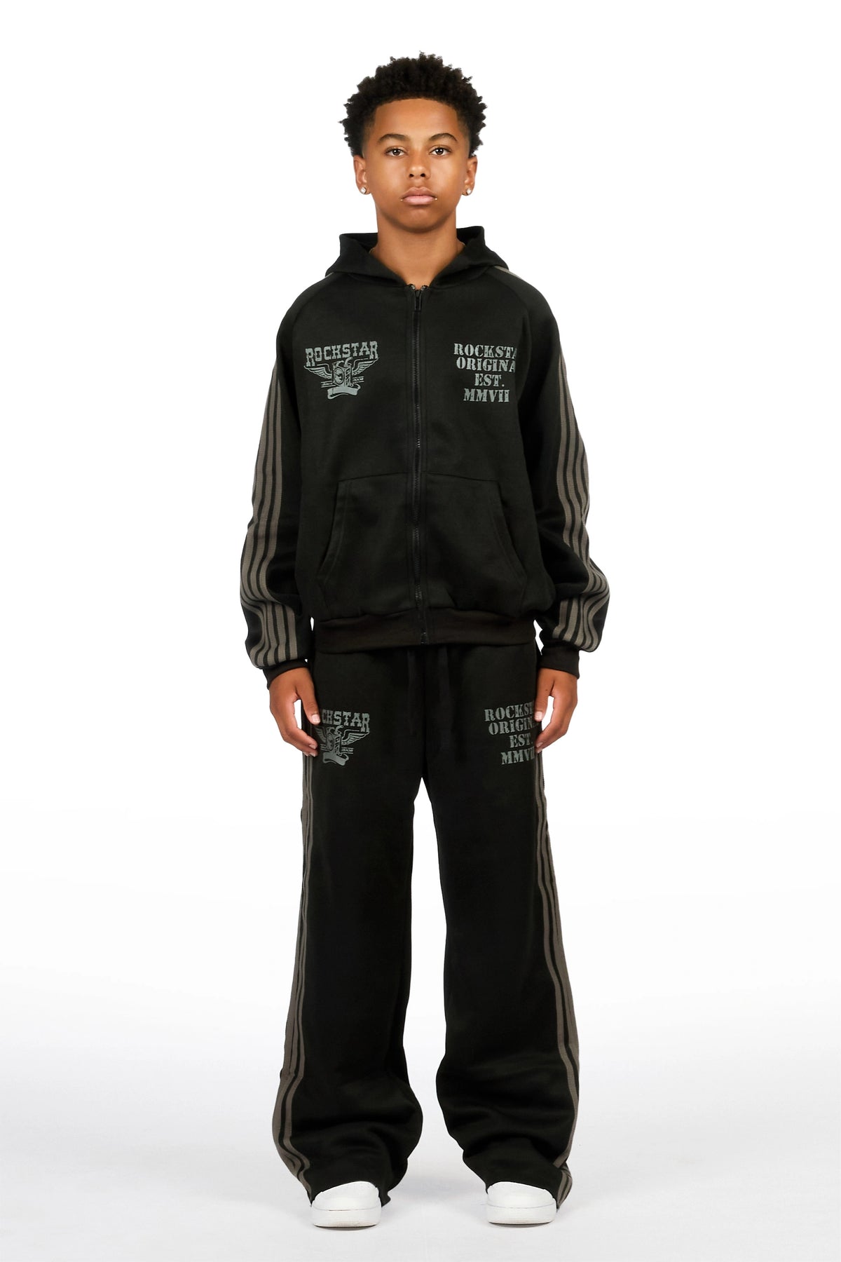 Boys Manier Black/Grey Zip Up Hoodie Relaxed Pant Track Set