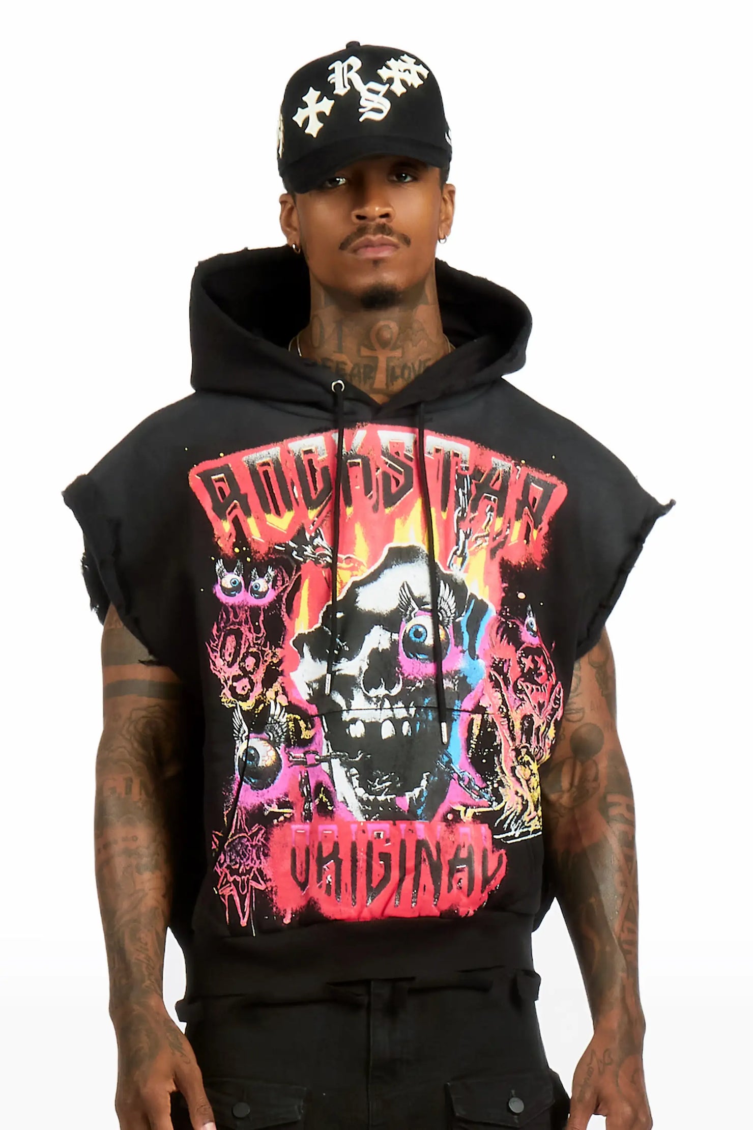 Styxx  Black Graphic Distressed Cut Sleeve Hoodie