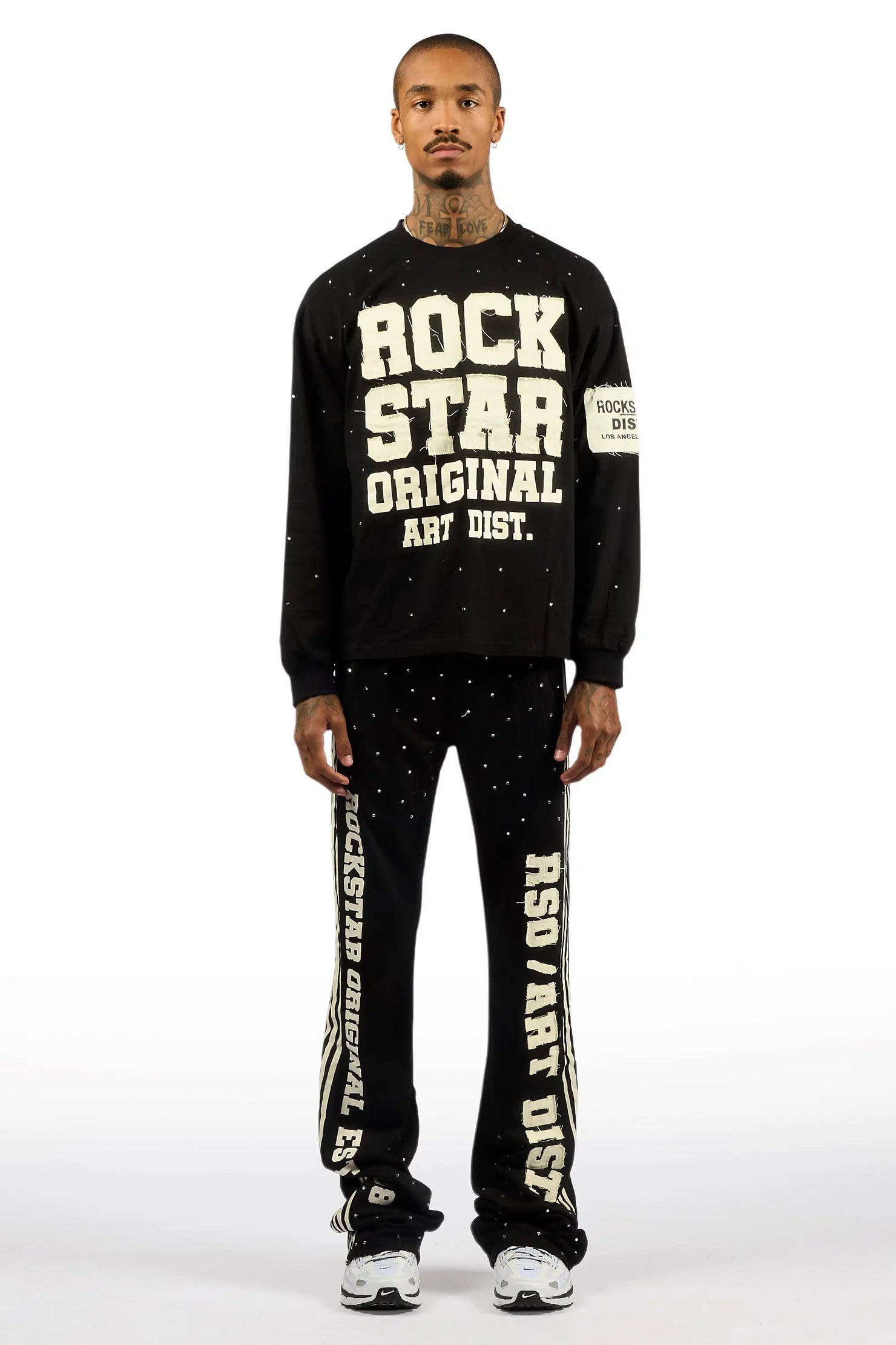 Yulian Black Rhinestone Long Sleeve T-Shirt/Baggy Stacked Track Set
