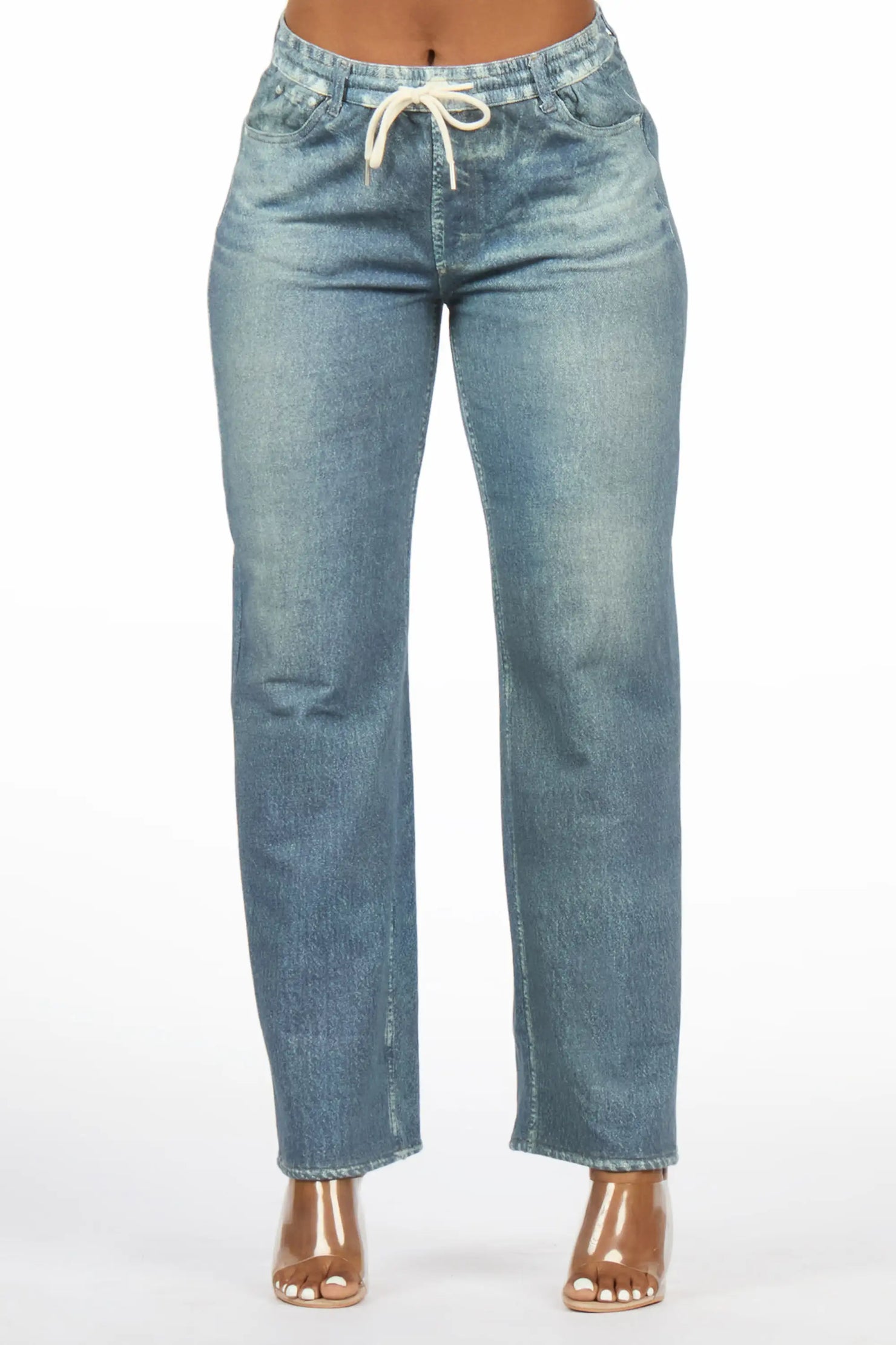Audrea Med. Wash Denim Print Stretch Terry Sweatpant Jean