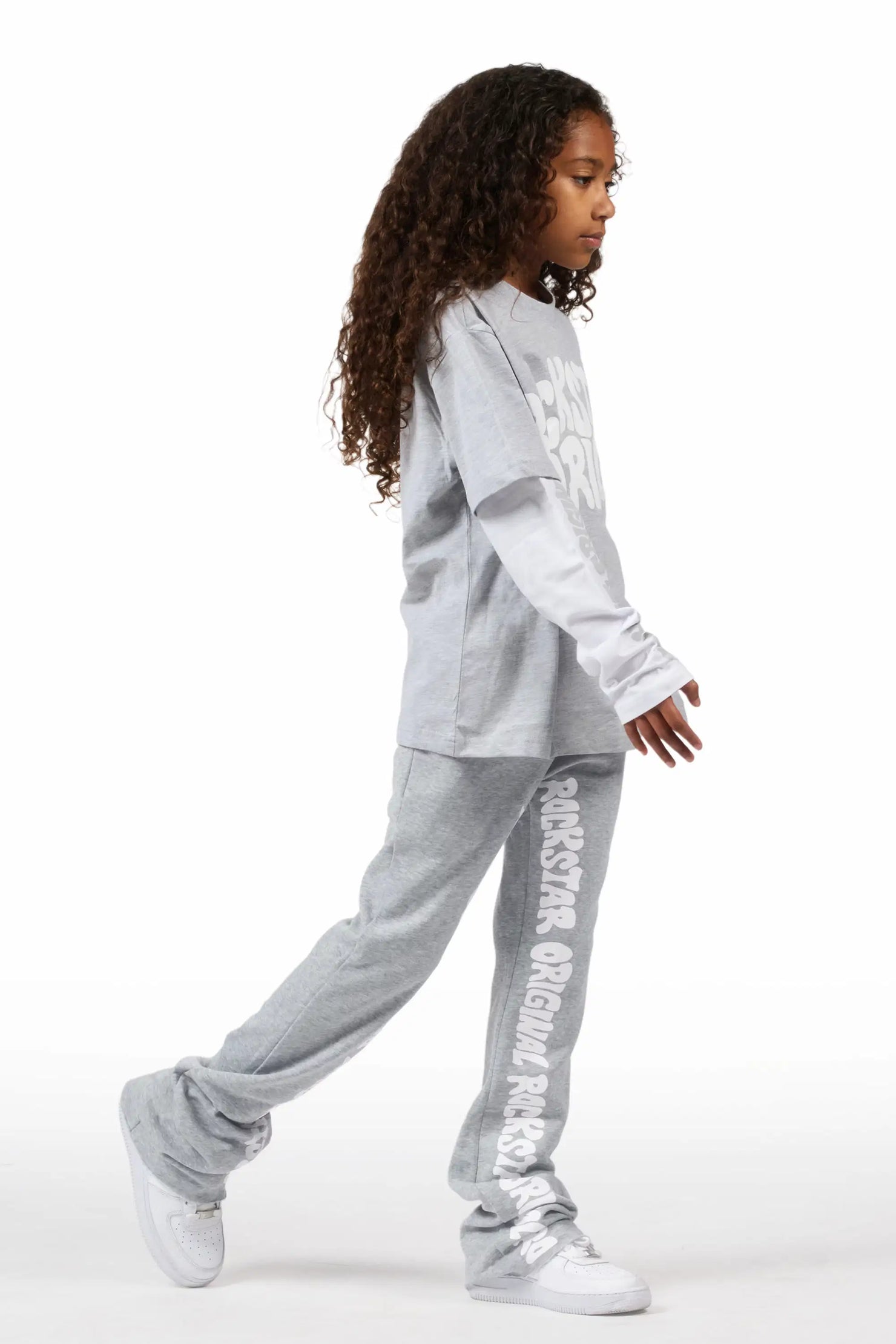 Girls Monique Grey Double Layer T-Shirt Stacked Flare Track Pant Set