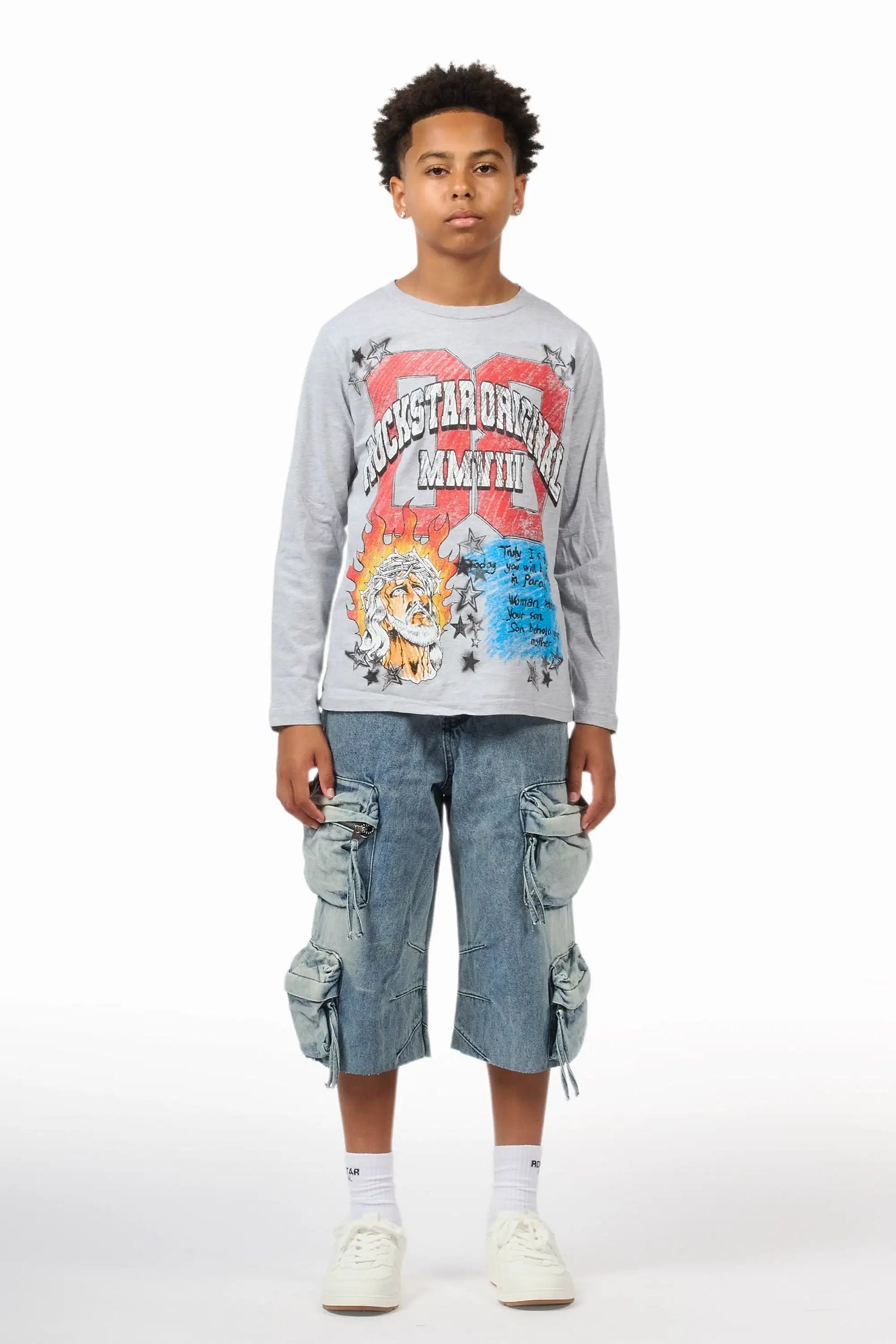 Boys Jesus Crayon Grey/Blue Long Sleeve T-Shirt/Denim Short Set