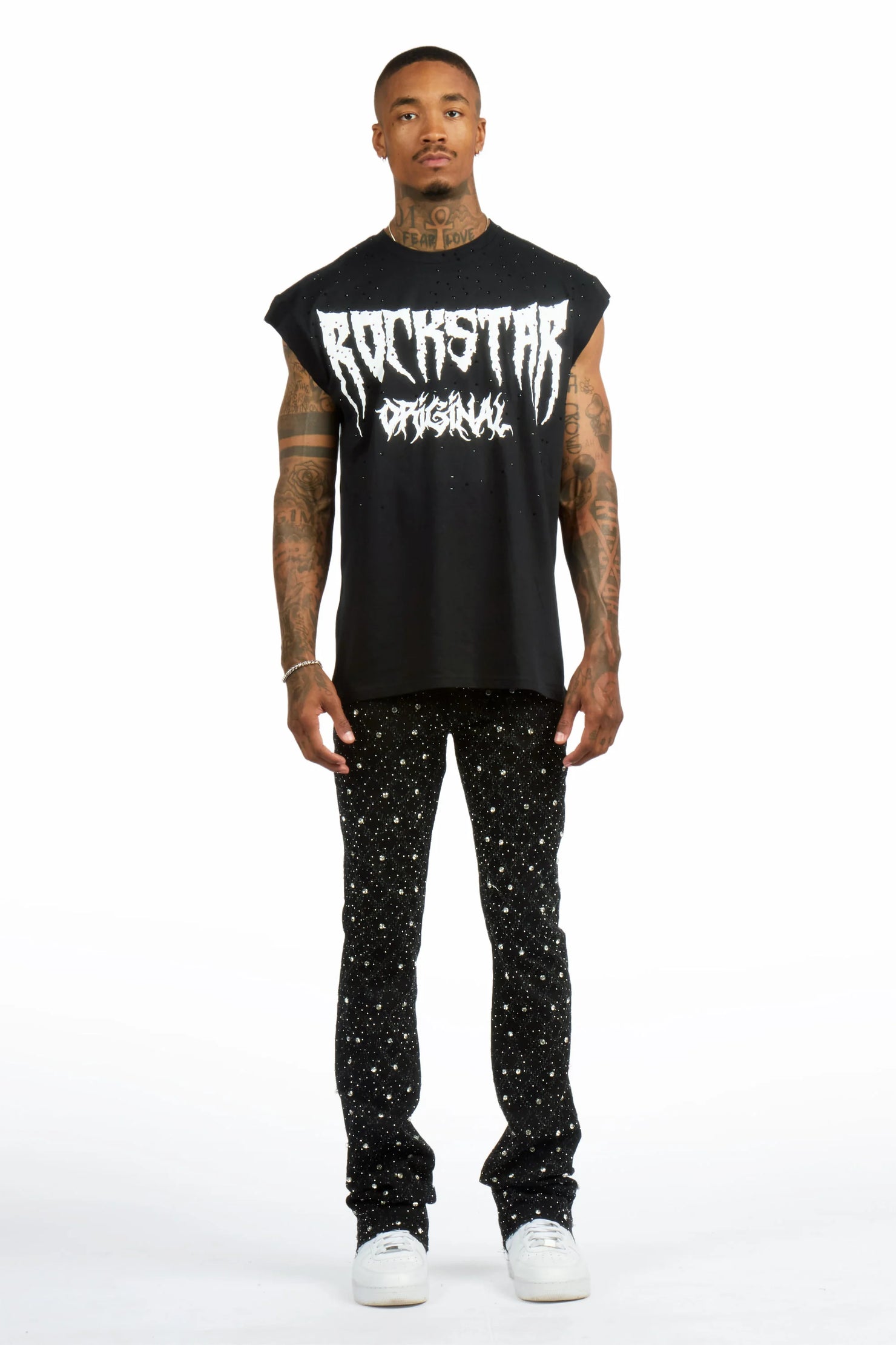 Andros 2.0 Black Rhinestone Oversized Graphic T-Shirt & Glit Rhinestone Stacked Flare Jean Set