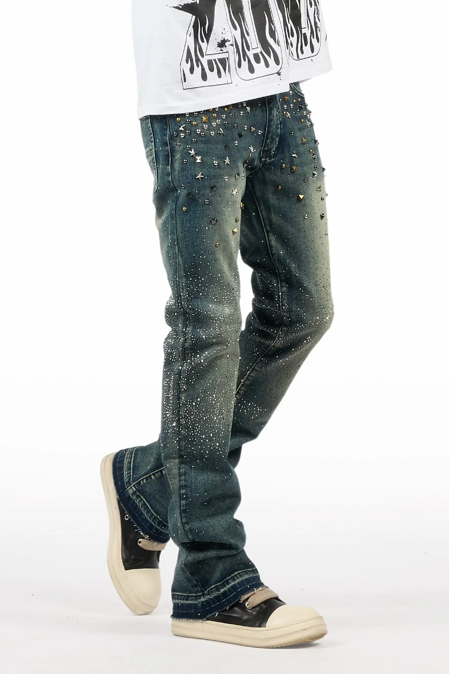 Onyx Dark Blue Studded Stacked Flare Jean