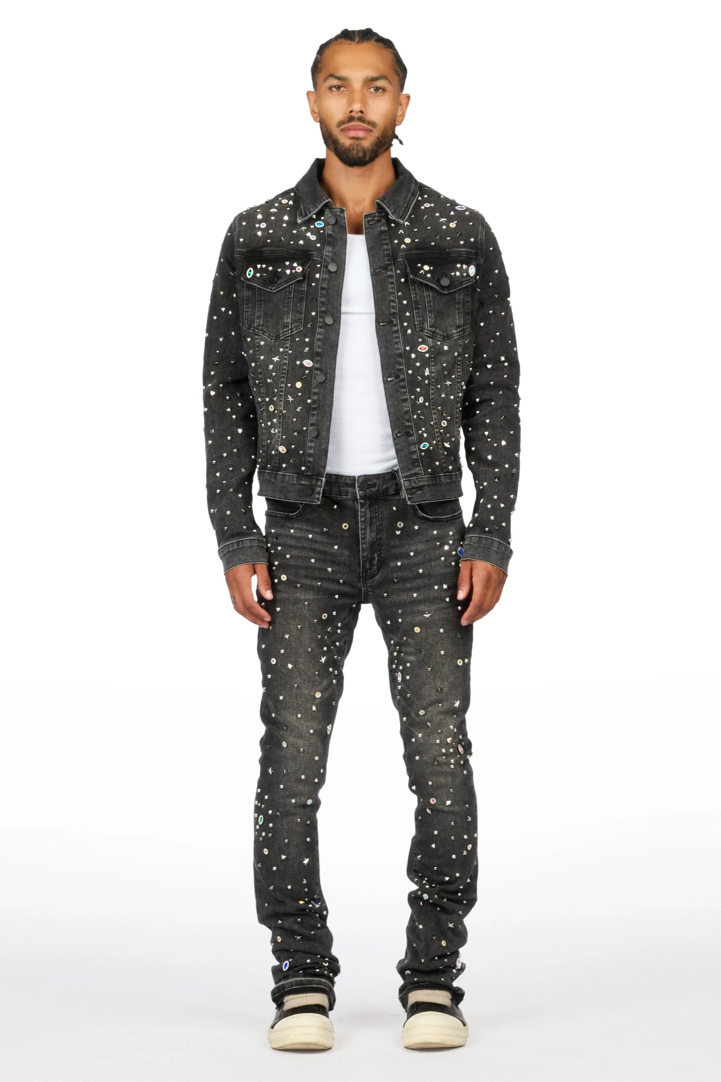 Norris Jet Black Rhinestone Denim Jacket/Stacked Flare Jean Set