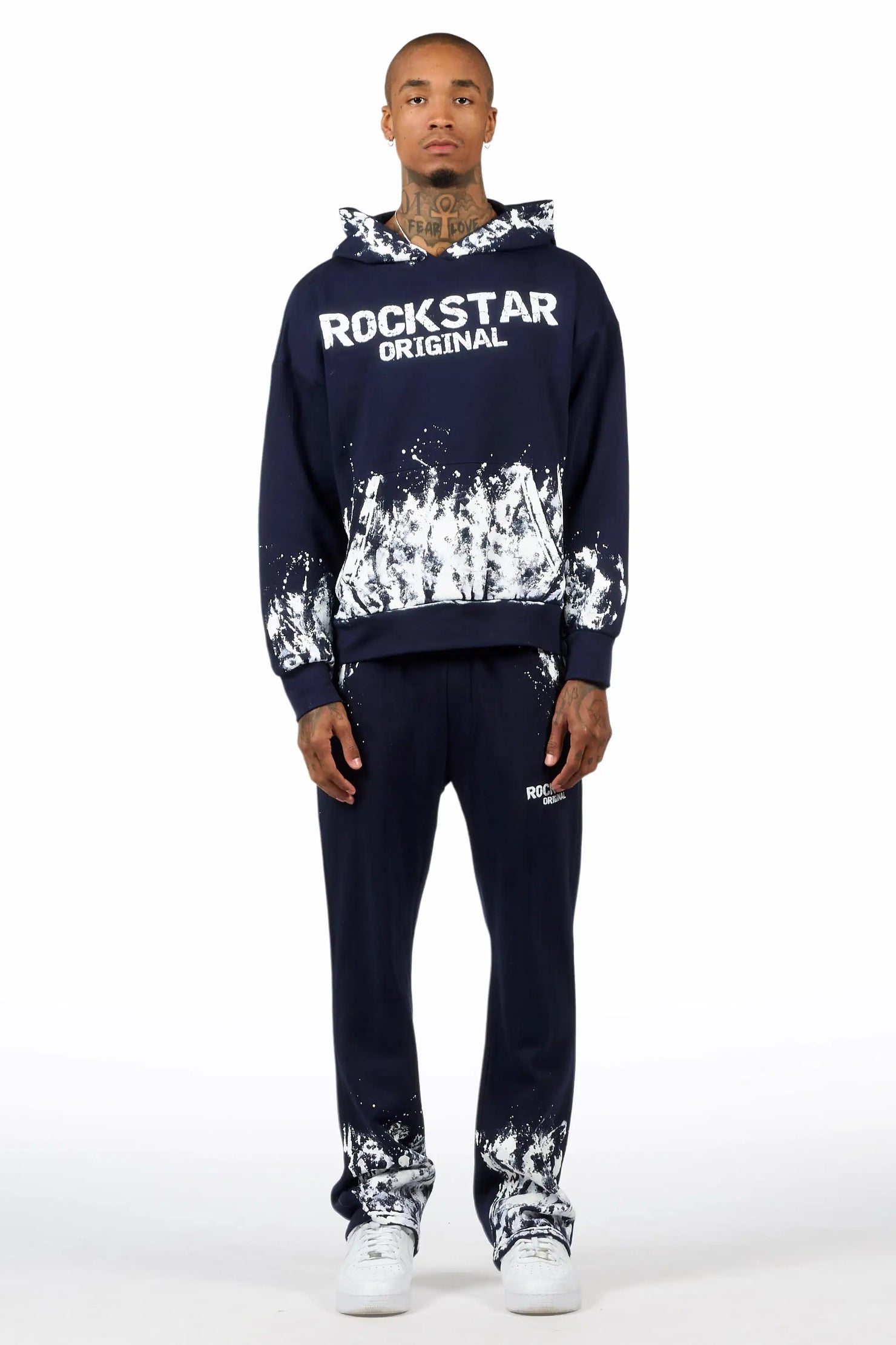 Hukon Navy/White Hoodie Relaxed Track Set