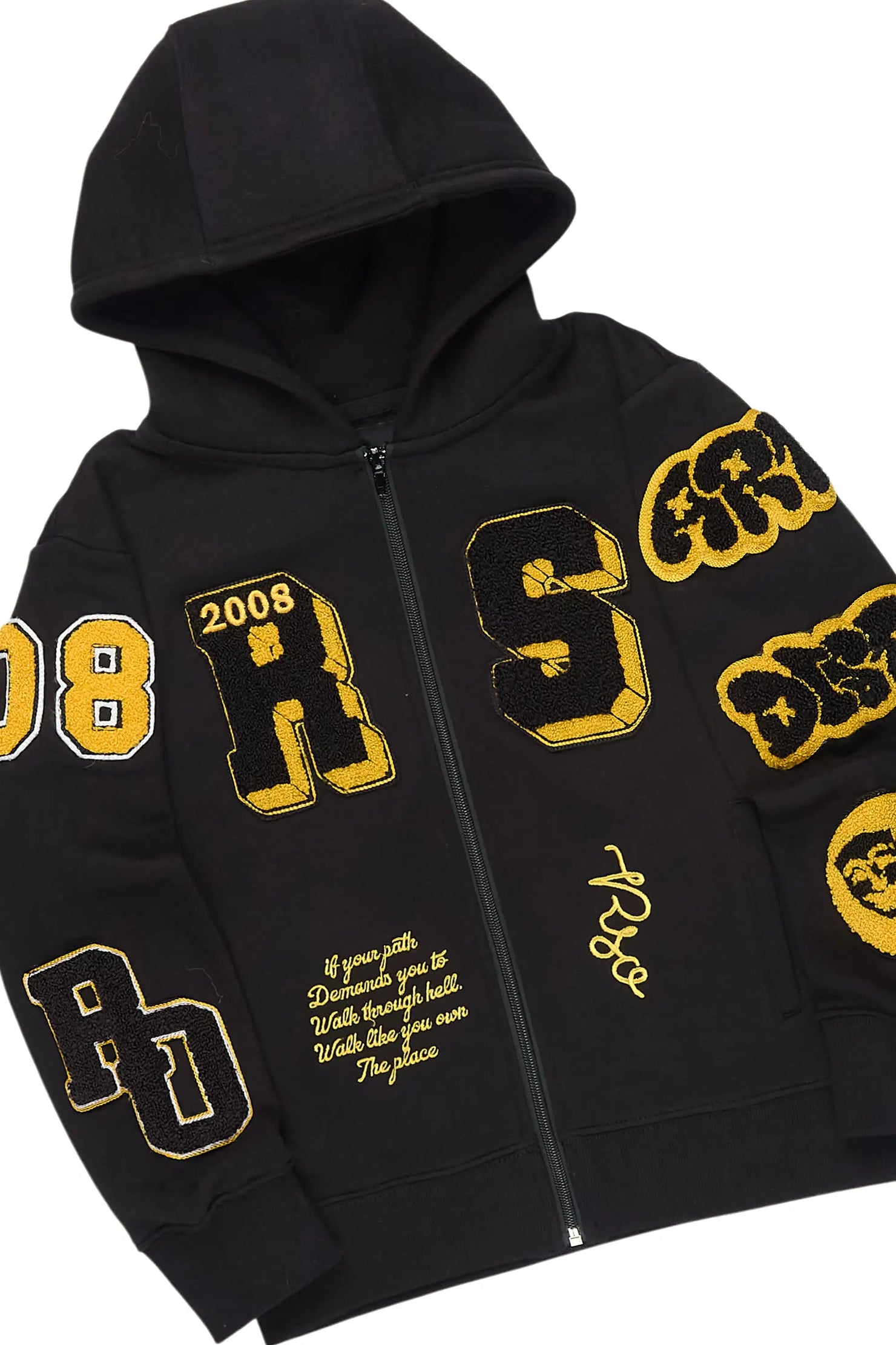 Girls Leslee Black/Yellow Embroidered Stacked Flare Hoodie Track Set