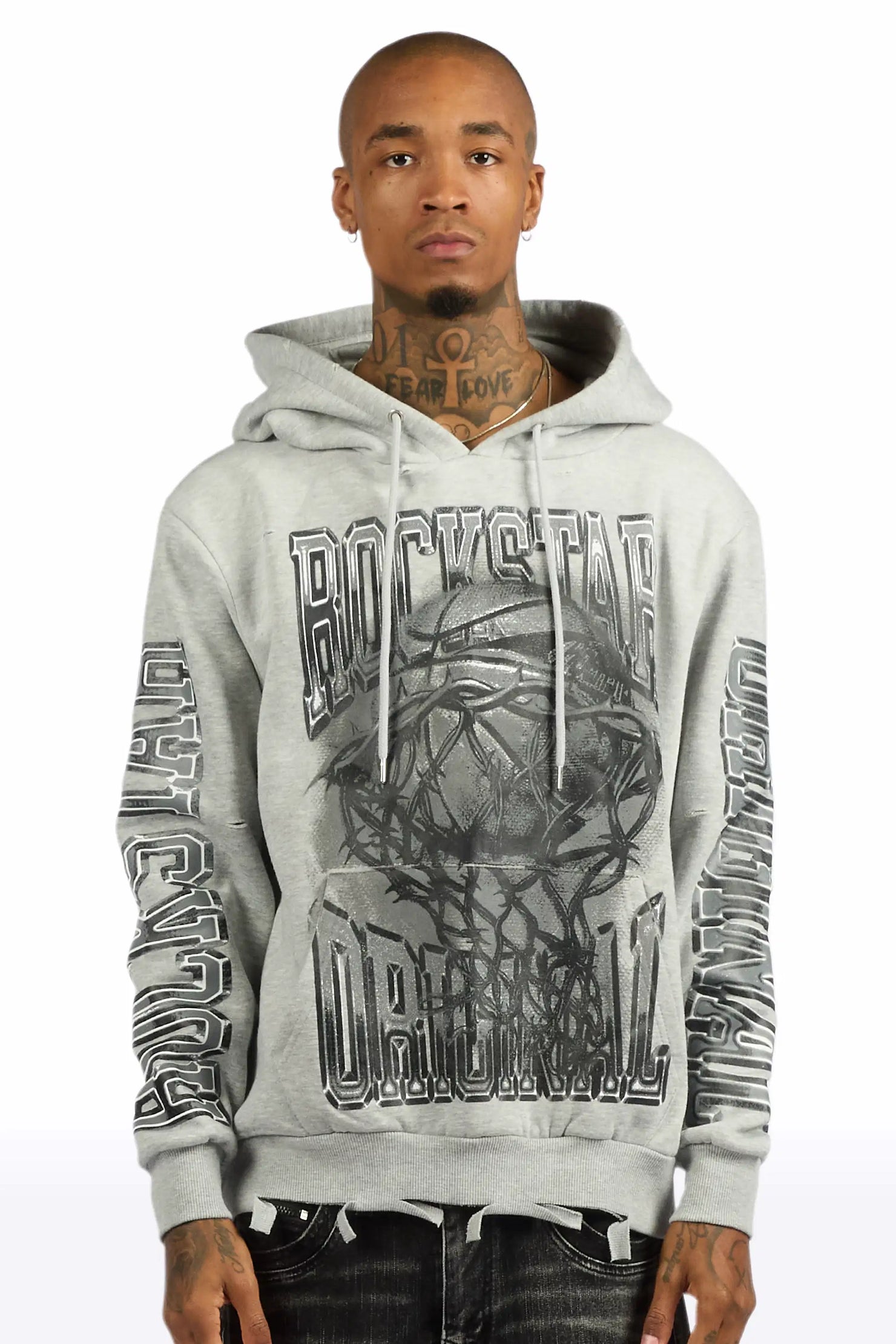 Rleague Grey Distressed Graphic Relaxed Hoodie