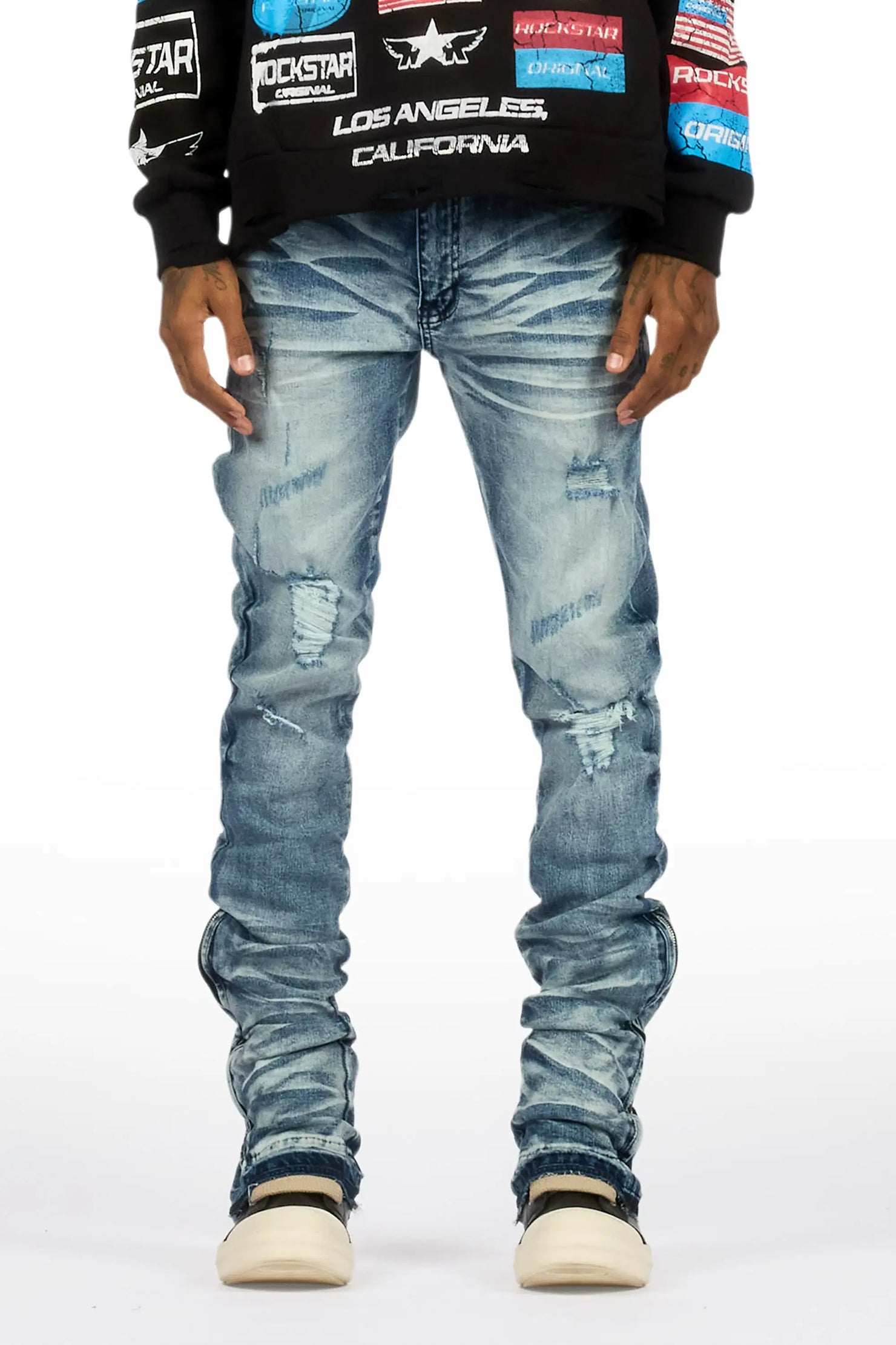 Jaymes Dark Blue Stacked Flare Jean