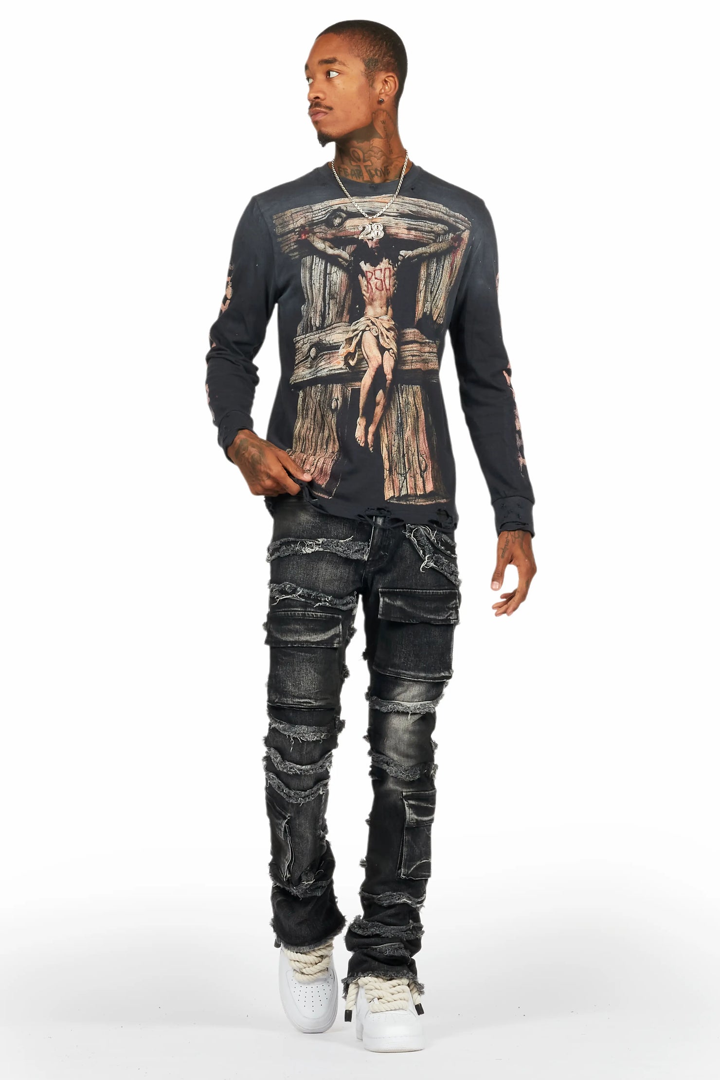 Yves Black Stacked Flare Cargo Jean