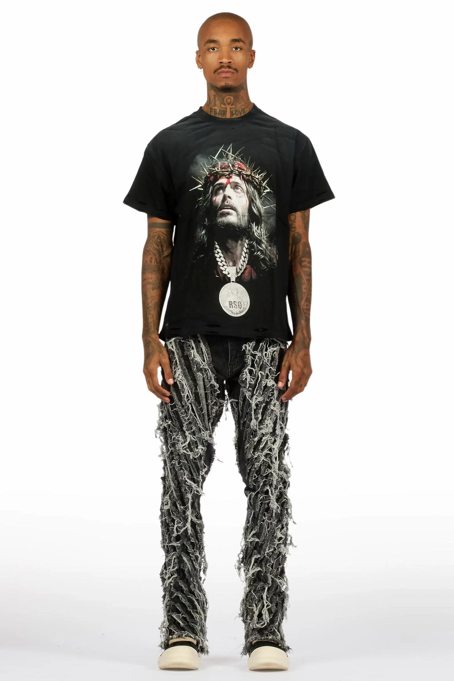 Amina Black Oversized T-Shirt/Stacked Flare Jean Bundle