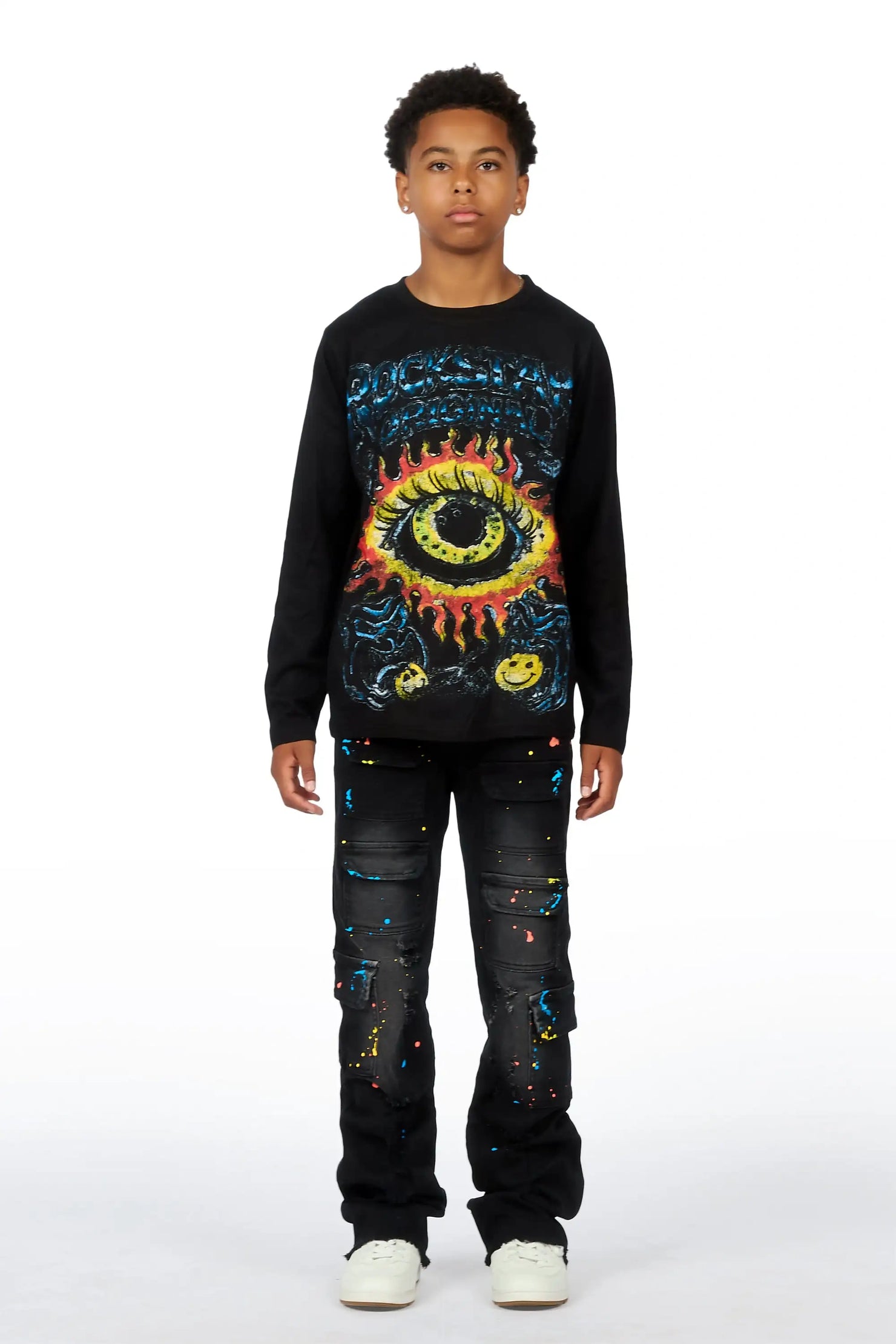 Boys Storm Black Long Sleeve T-shirt Painter Stacked Jean Set