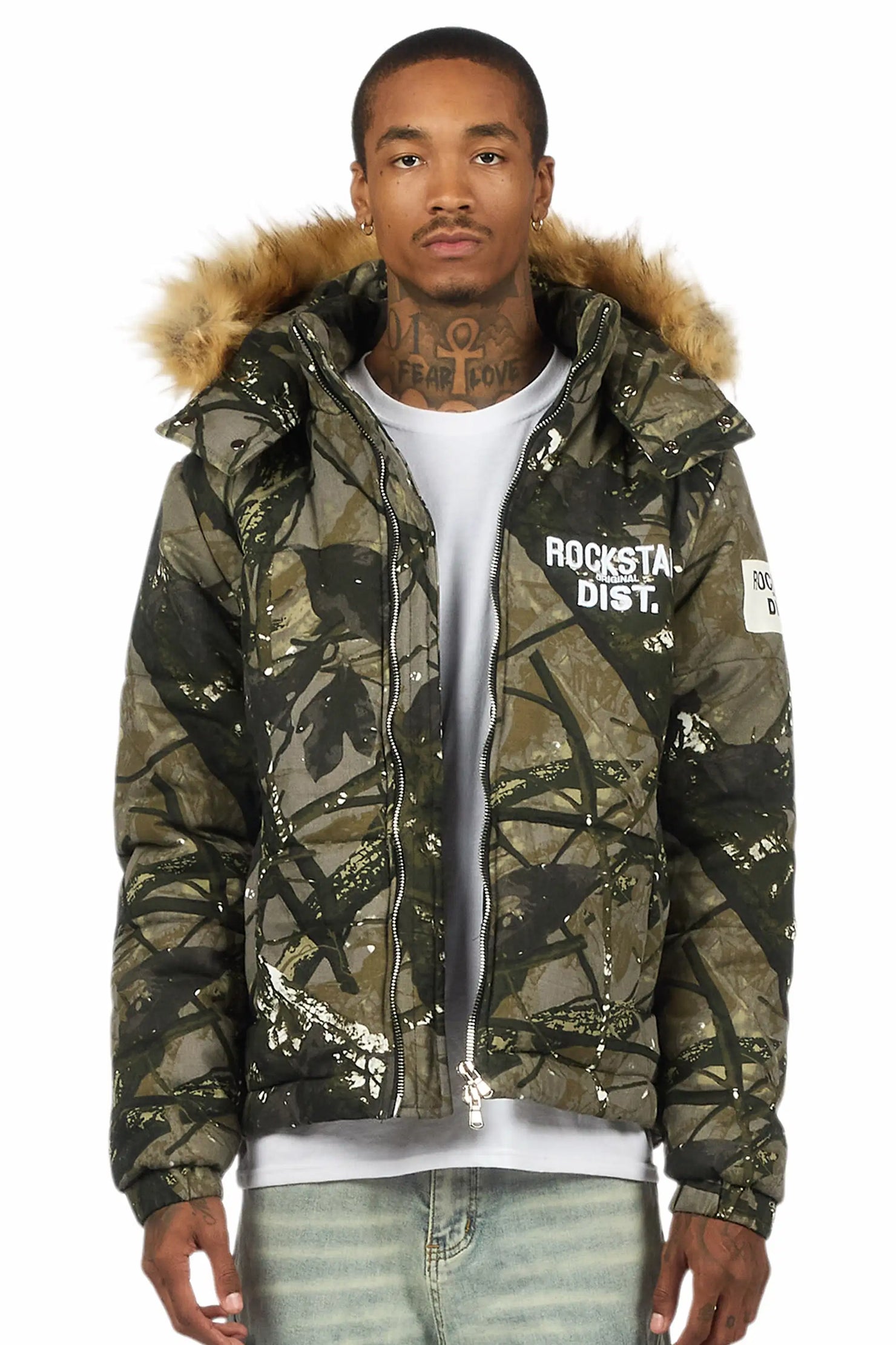 Bevis Camo Puffer Jacket With Faux Fur Hood