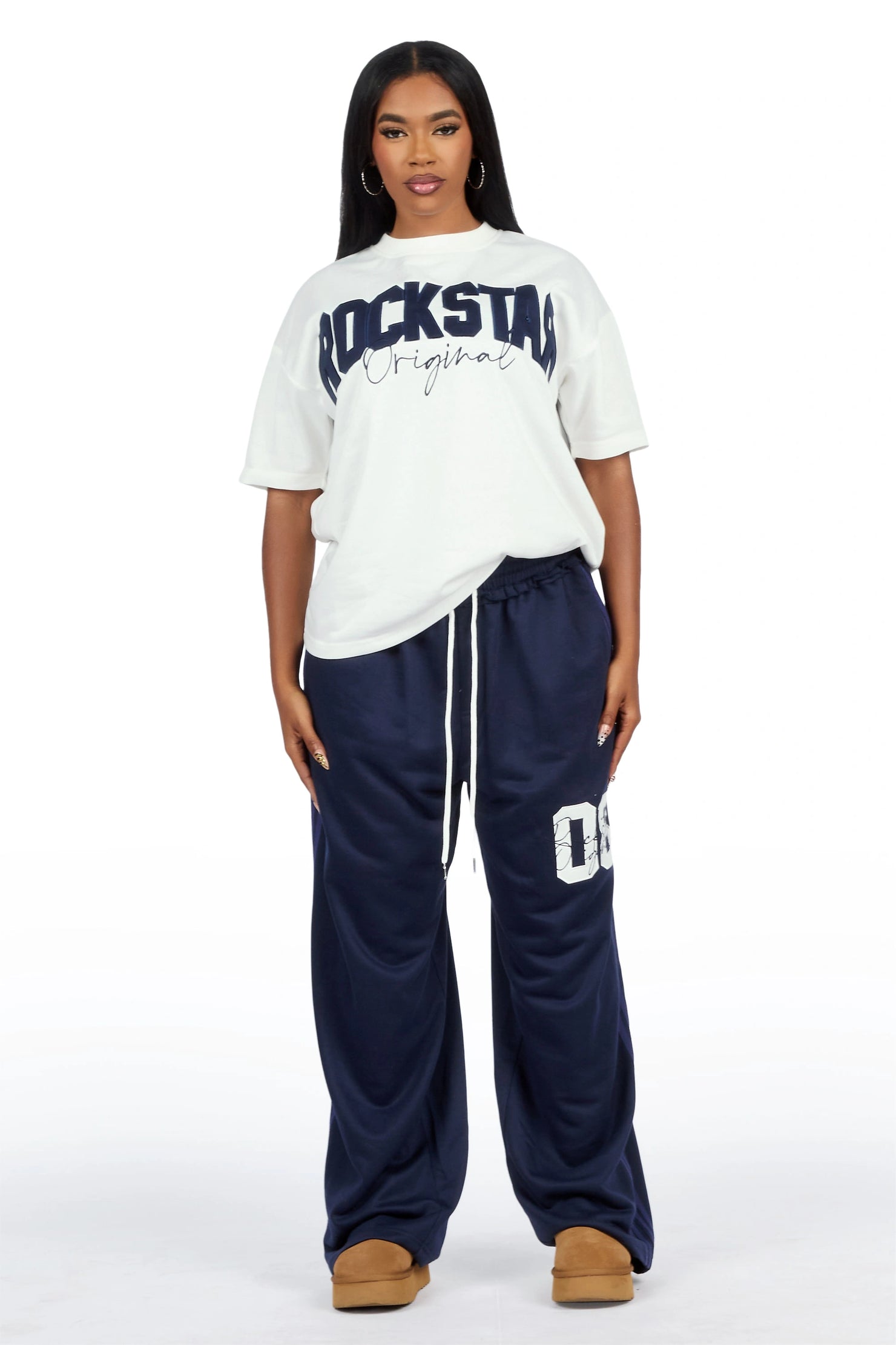 Cheyane White/Navy French Terry Chenille Tee/ French Terry Relaxed Track Set