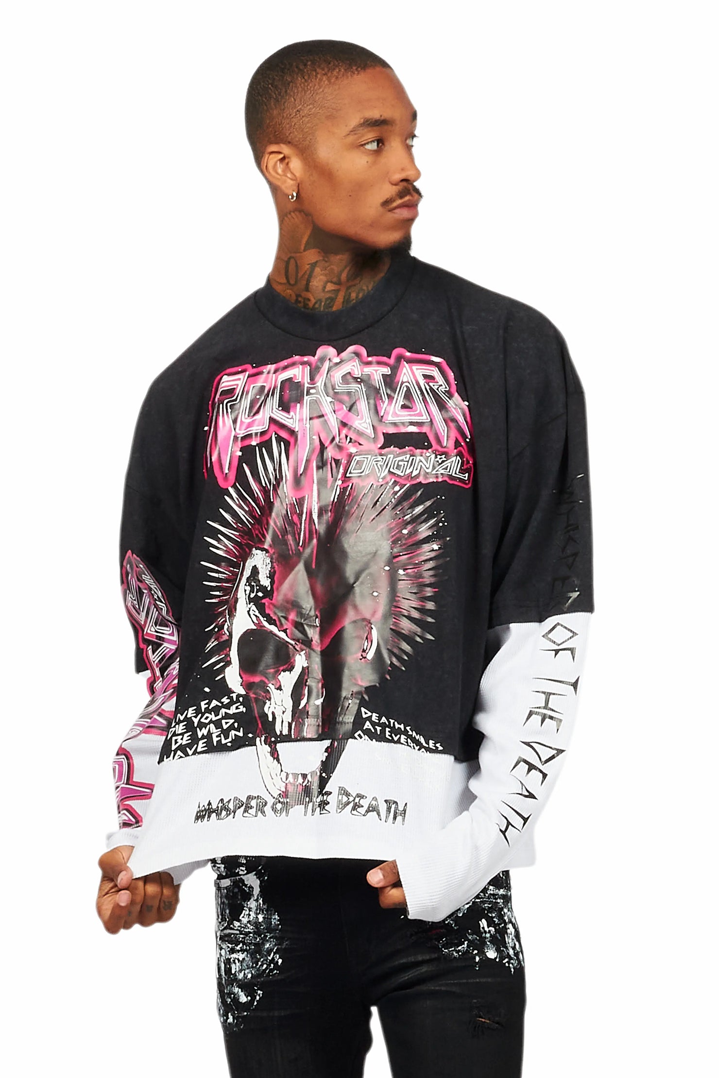 Cariel Vintage Black Thermal Double Layer Boxy Crop T-Shirt