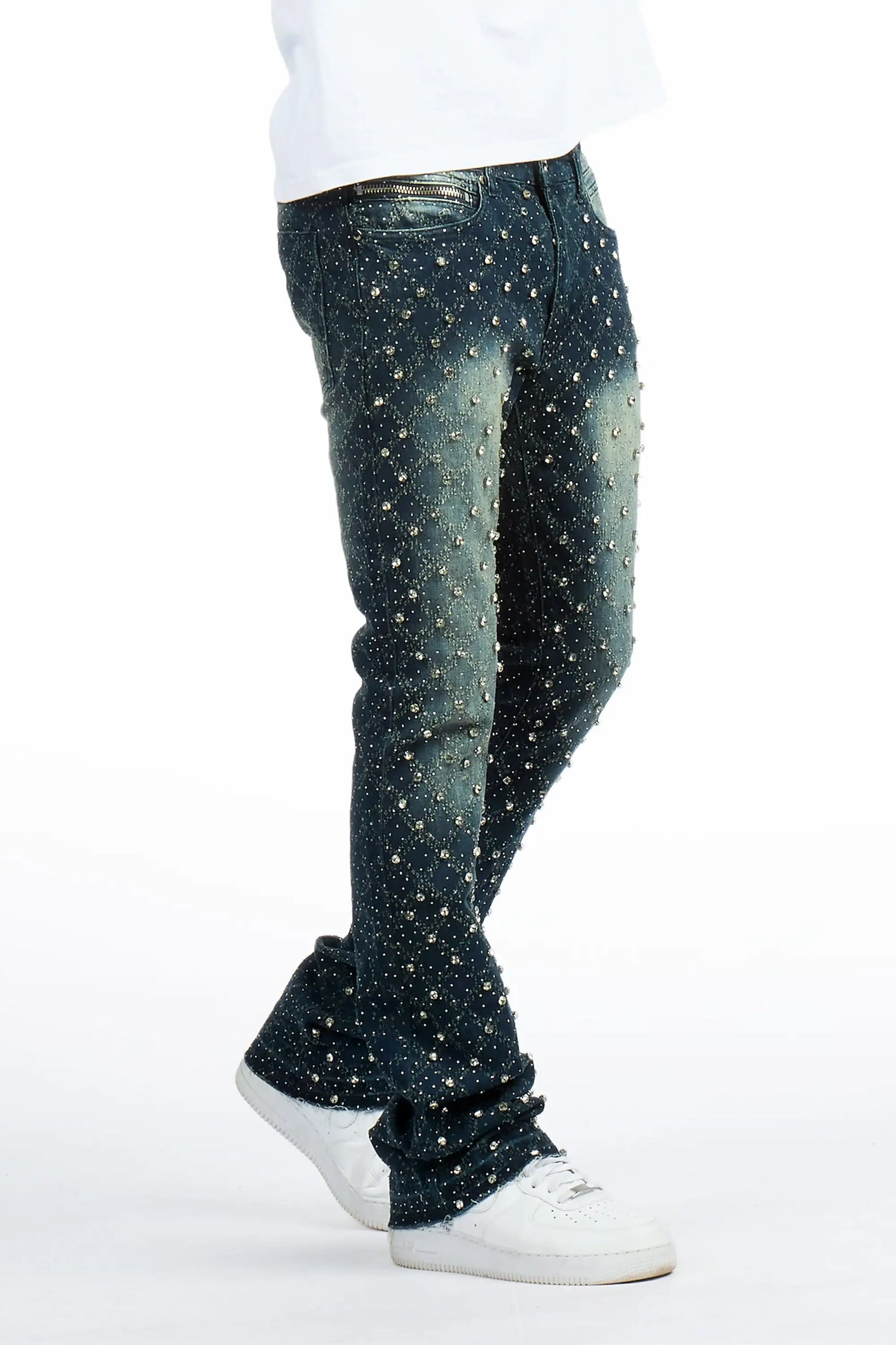 Glit Dark Wash Rhinestone Stacked Flare Jean