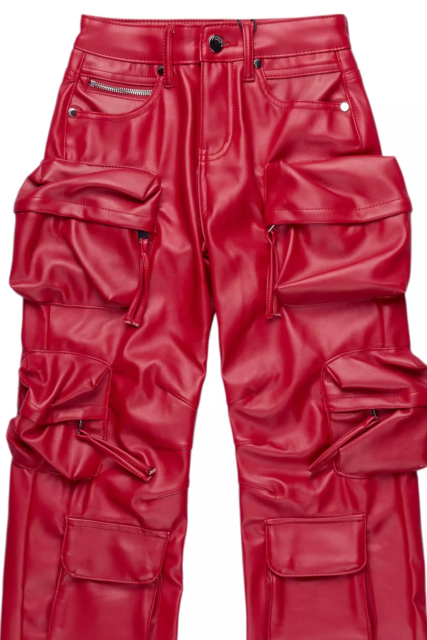 Boys Lenz Red PU Cargo Leather Baggy Fit Jean