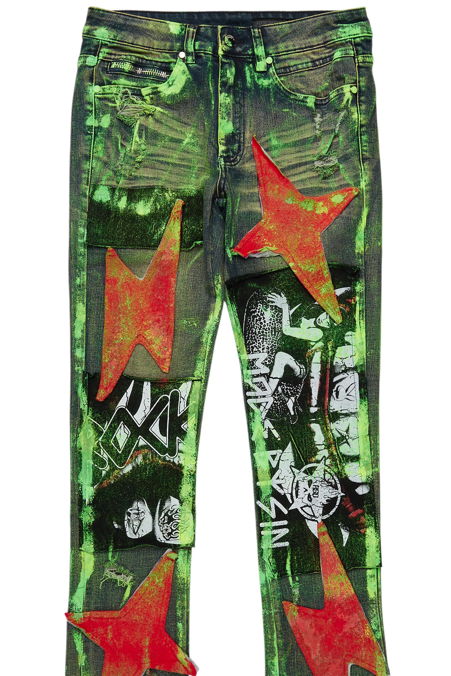 Valko Blue/Green Roller Paint Stacked Flare Jean