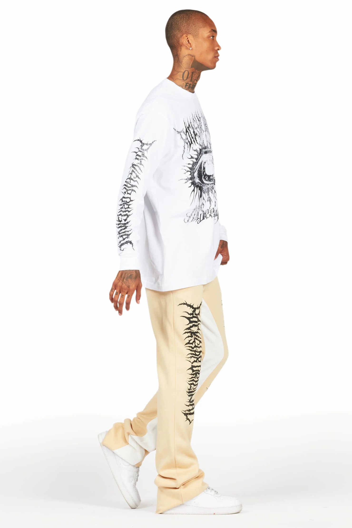 All Seeing Eyes White/Beige Long Sleeve T-Shirt/Baggy Pant Set